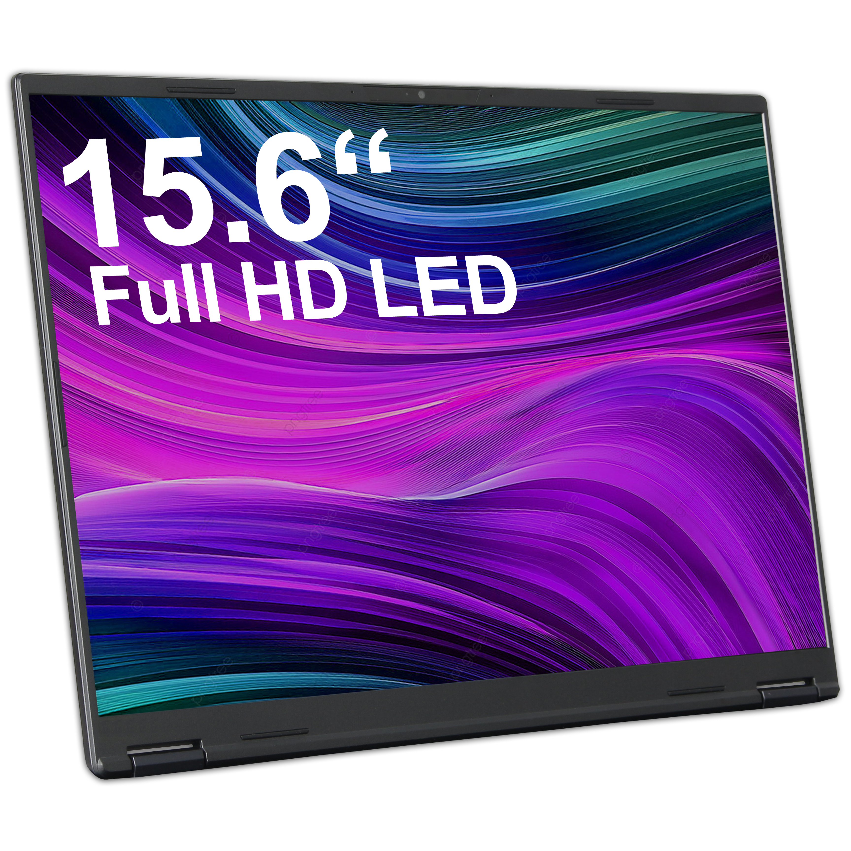 Un portátil abierto con pantalla LED Full HD de 15,6 pulgadas. Patrón de fondo abstracto.