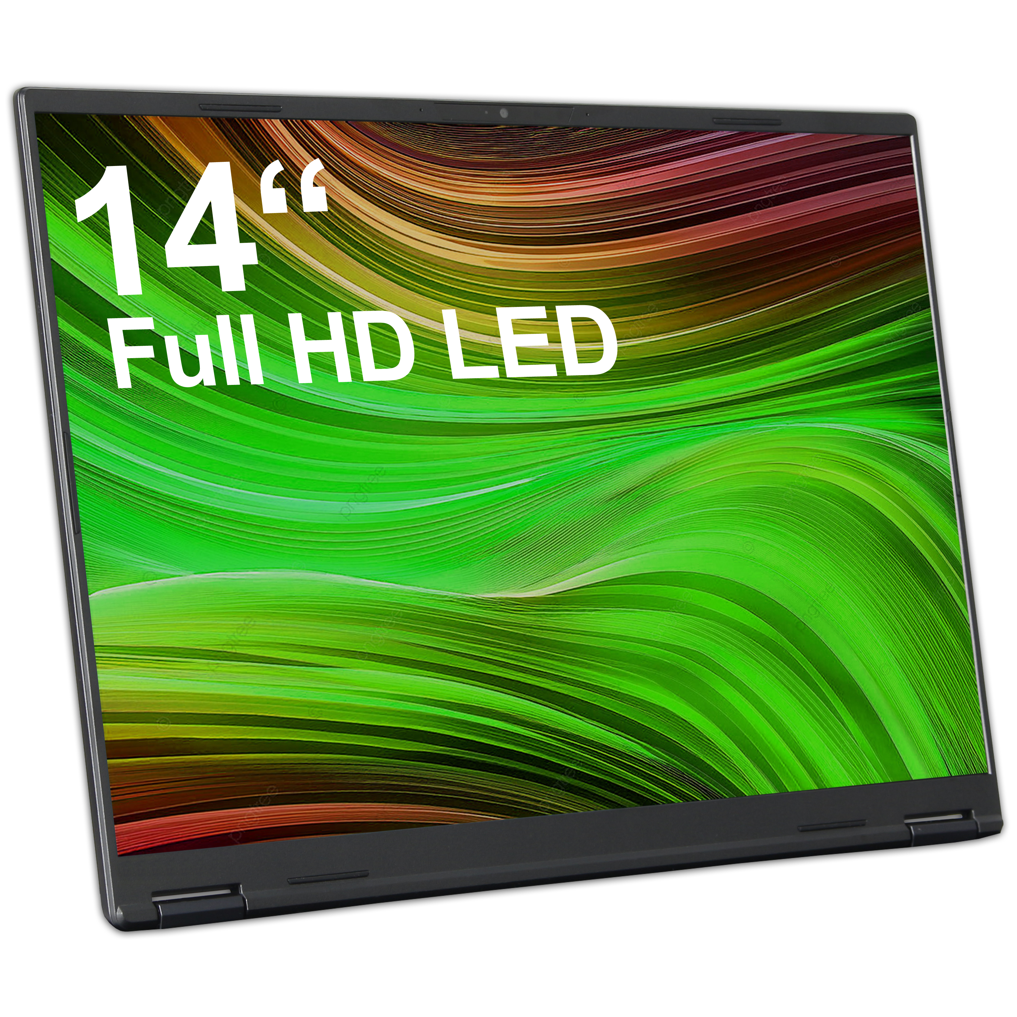 Un portátil abierto de 14" Full HD LED con fondo de pantalla abstracto.