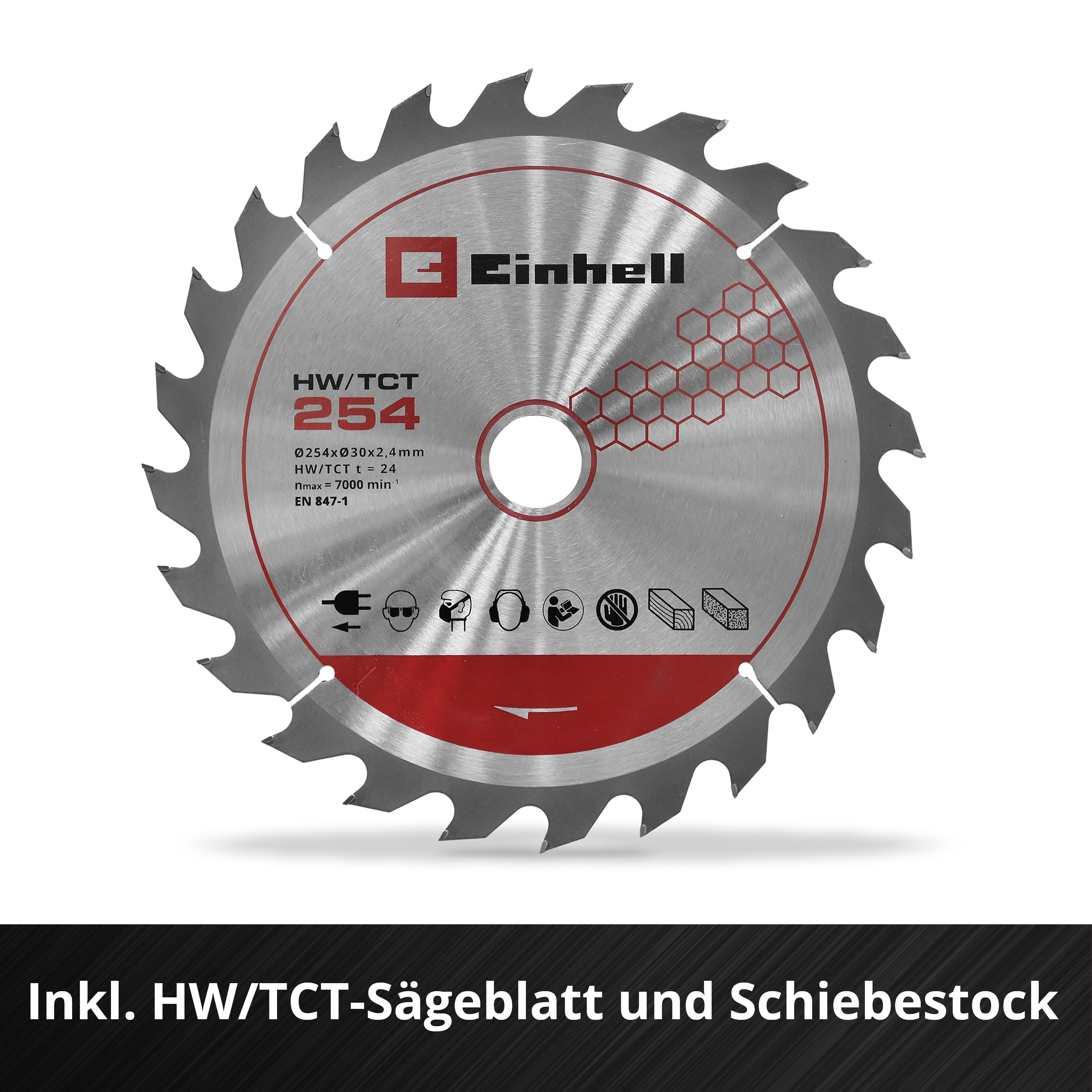 Kreissägeblatt von Einhell, 254mm Durchmesser, HW/TCT, mit Schutzsymbolen.