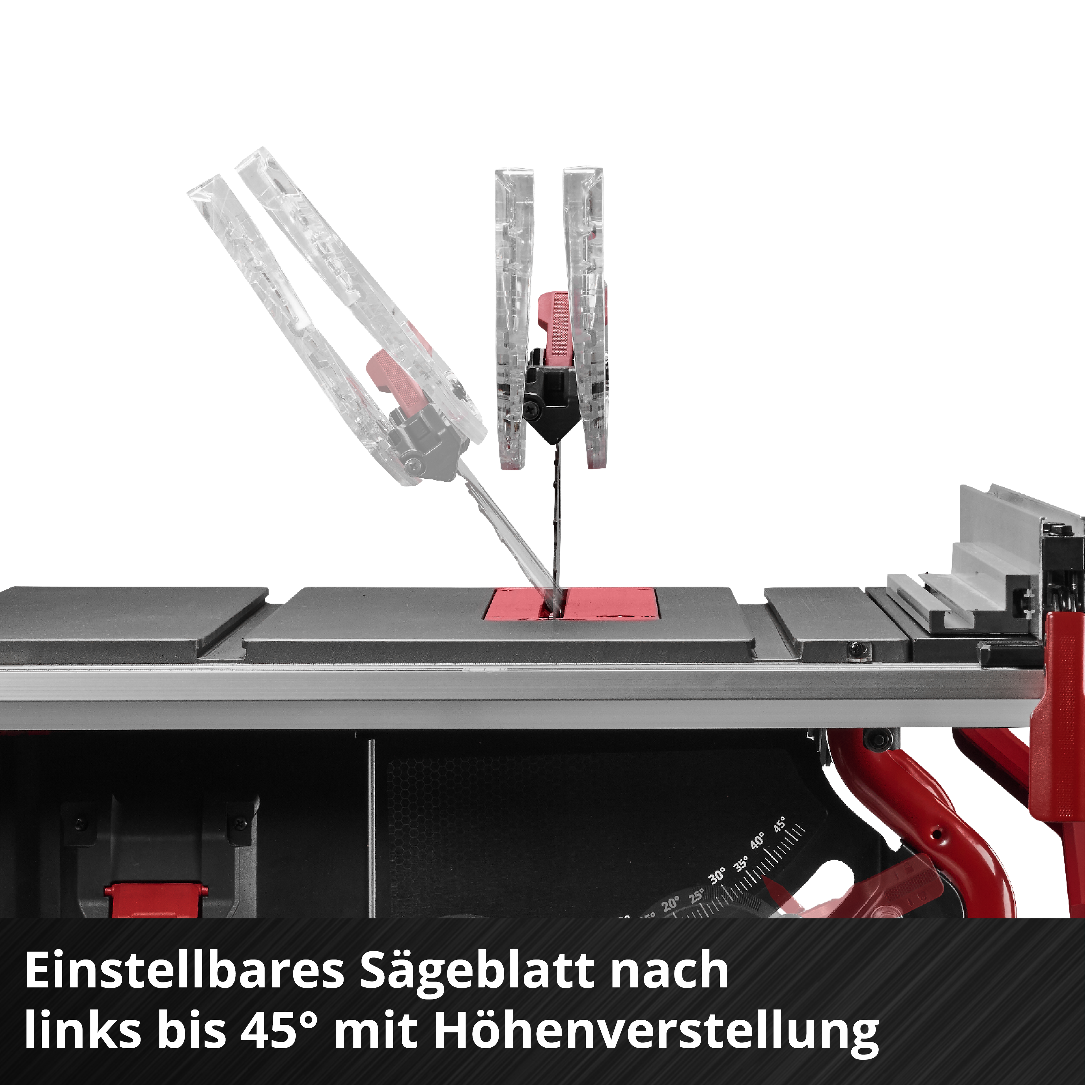 Einstellbares Sägeblatt nach links bis 45° mit Höhenverstellung.