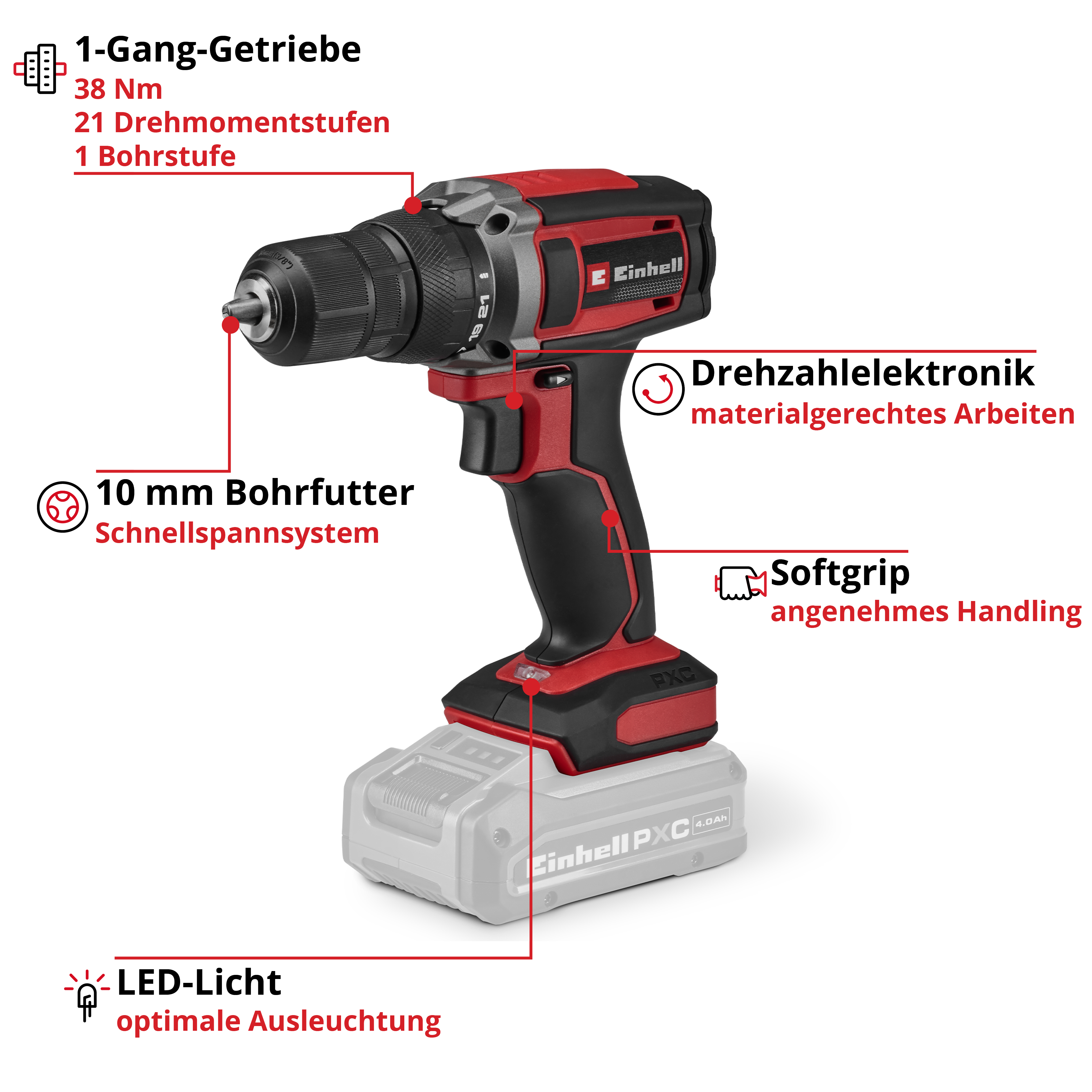 Einhell Akku-Bohrschrauber mit LED-Licht, 10mm Bohrfutter, Softgrip.