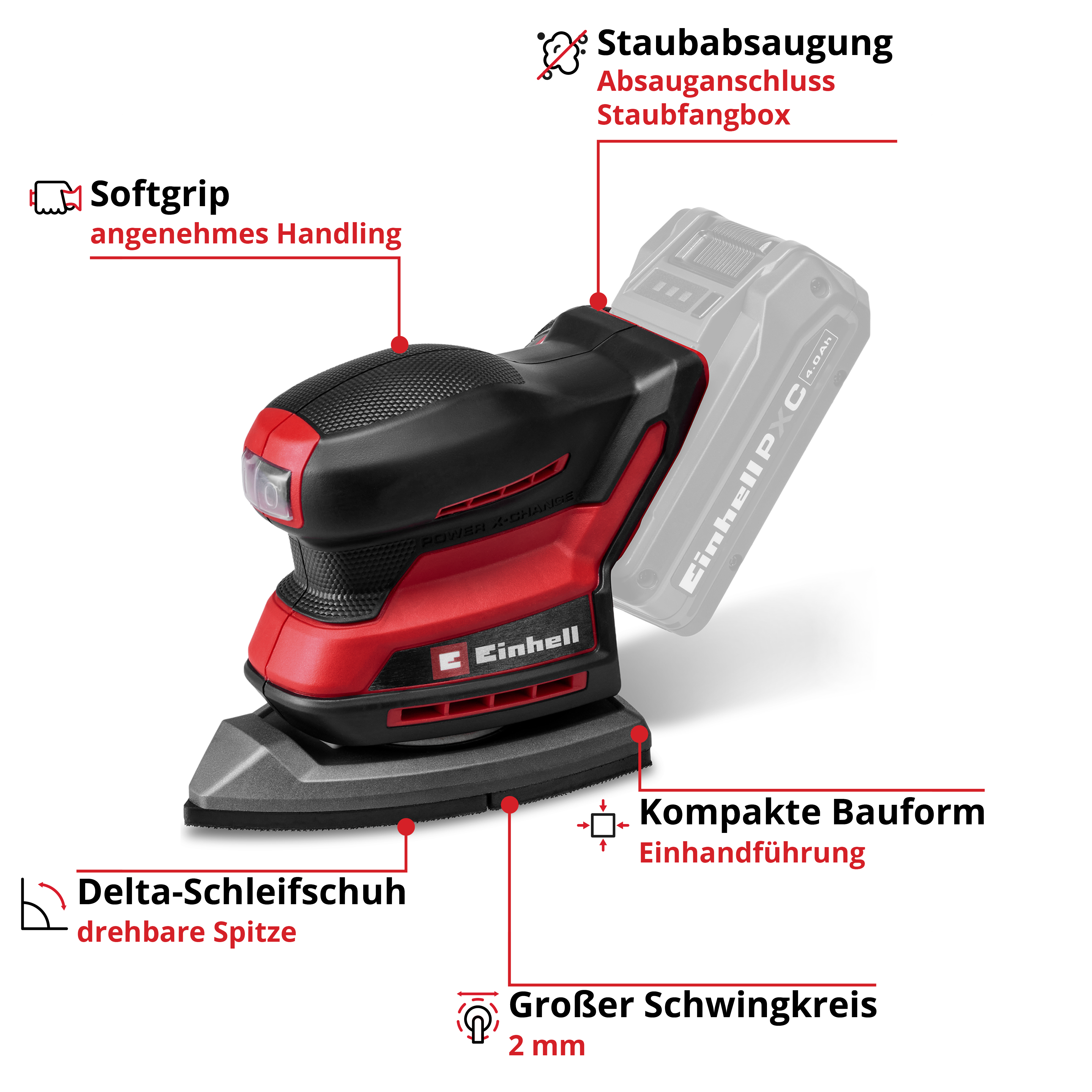 Roter und schwarzer Exzenterschleifer mit abnehmbarem Akku. Merkmale: Softgrip, Staubabsaugung, Delta-Schleifschuh.