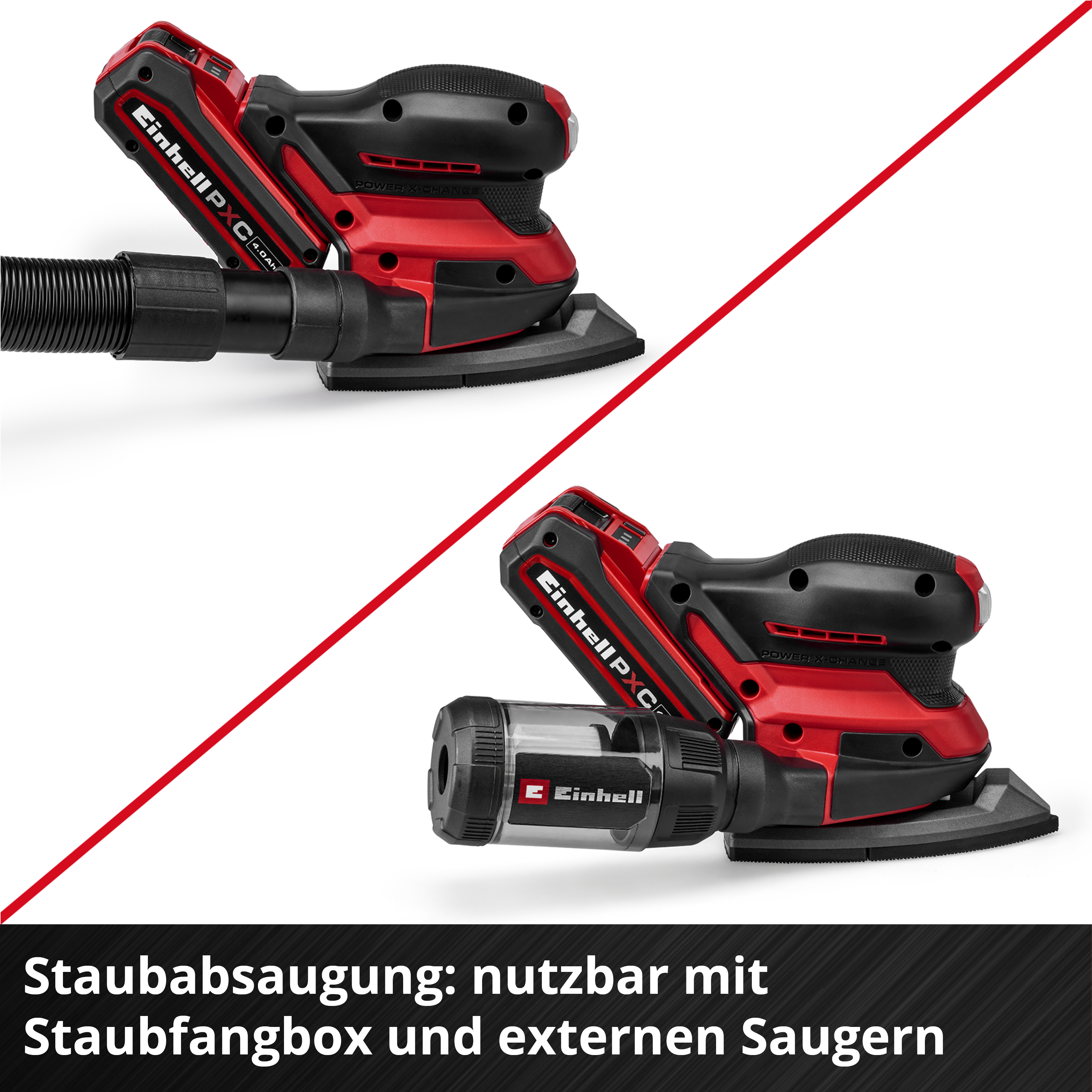 Zwei rote und schwarze Schleifmaschinen mit Staubabsaugung.
