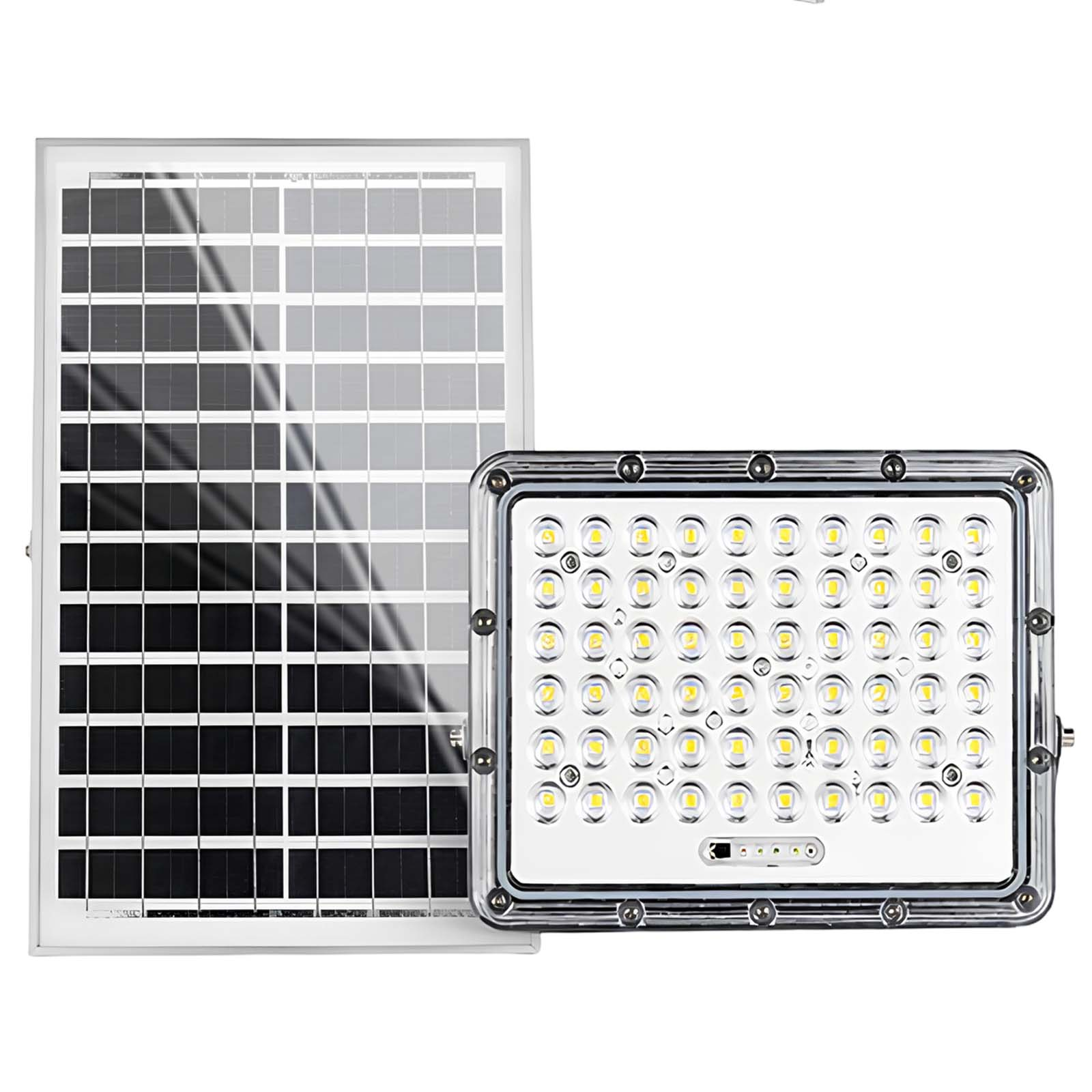 Ein Solarpanel und ein weißer LED-Flutlicht mit silbernem Rahmen sind nebeneinander abgebildet.