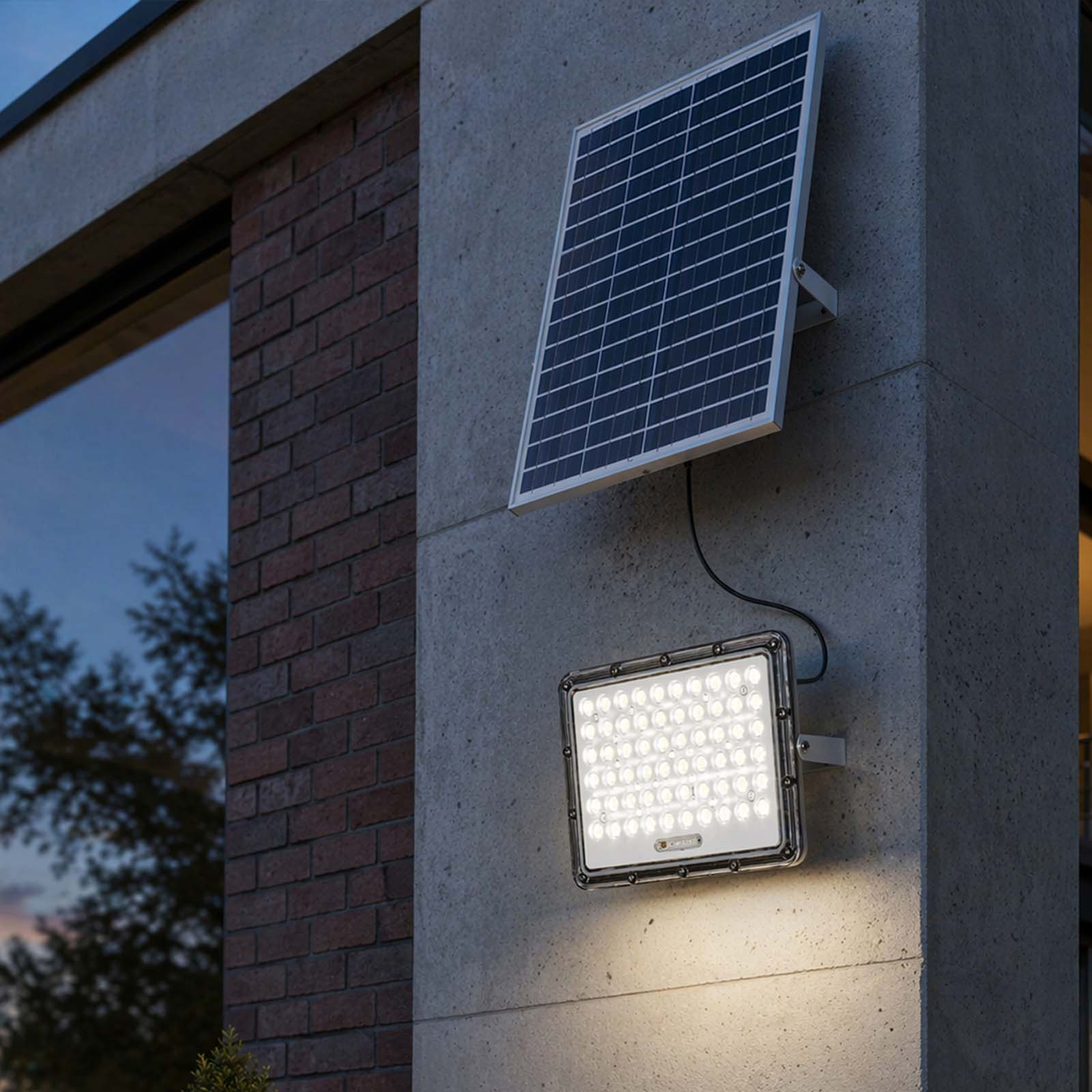 Ein Solarpanel und ein heller LED-Fluter sind an einer Betonwand befestigt.