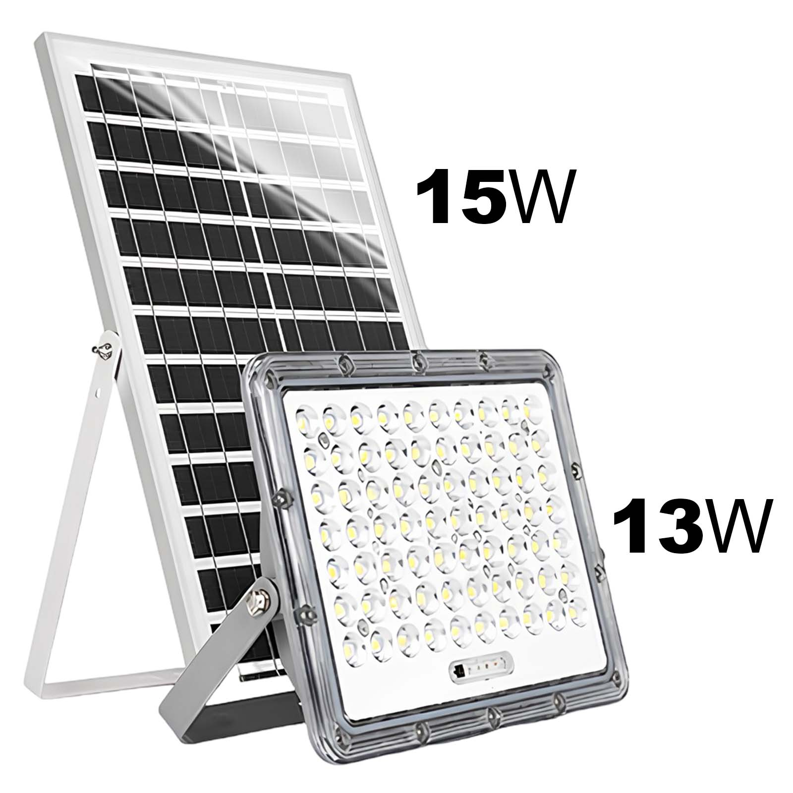 Solarpanel und 13W LED-Flutlicht mit weißem Rahmen auf weißem Hintergrund.