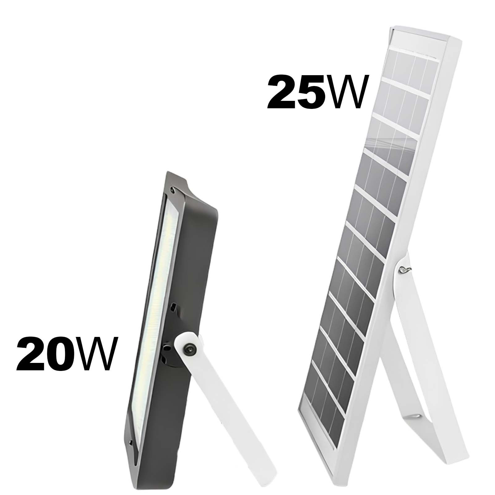 Zwei Solarleuchten, eine 20W schwarze, eine 25W weiße, auf weißem Hintergrund.