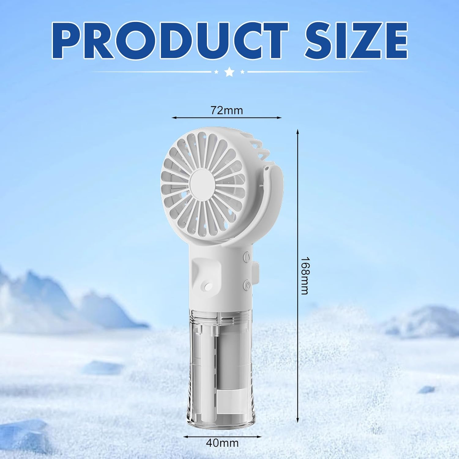 Ein weißer Handventilator mit den Maßen 72mm x 40mm x 168mm.