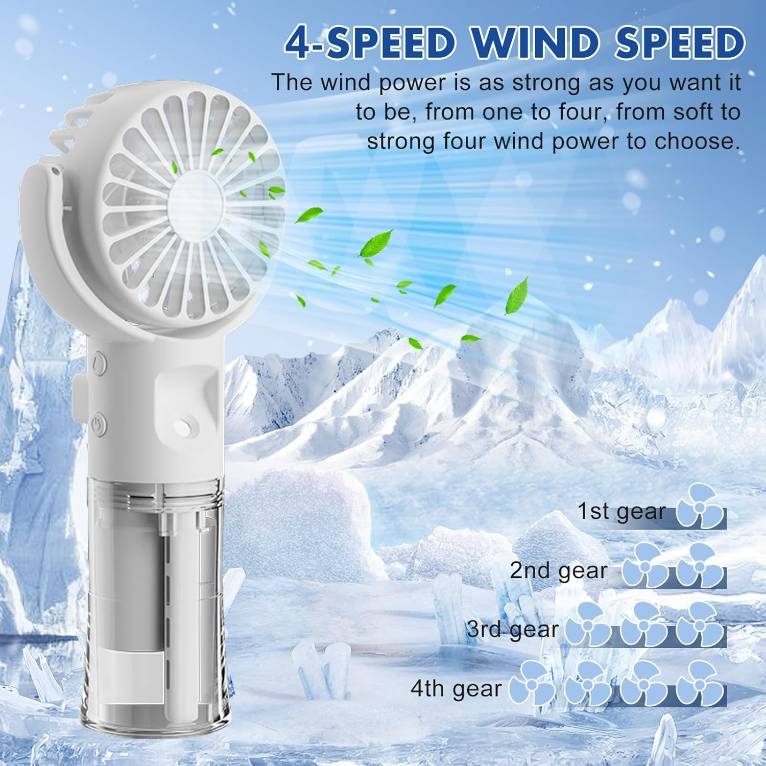 Ein weißer Handventilator steht vor einer eisigen Berglandschaft mit Blättern, die vom Wind getragen werden.