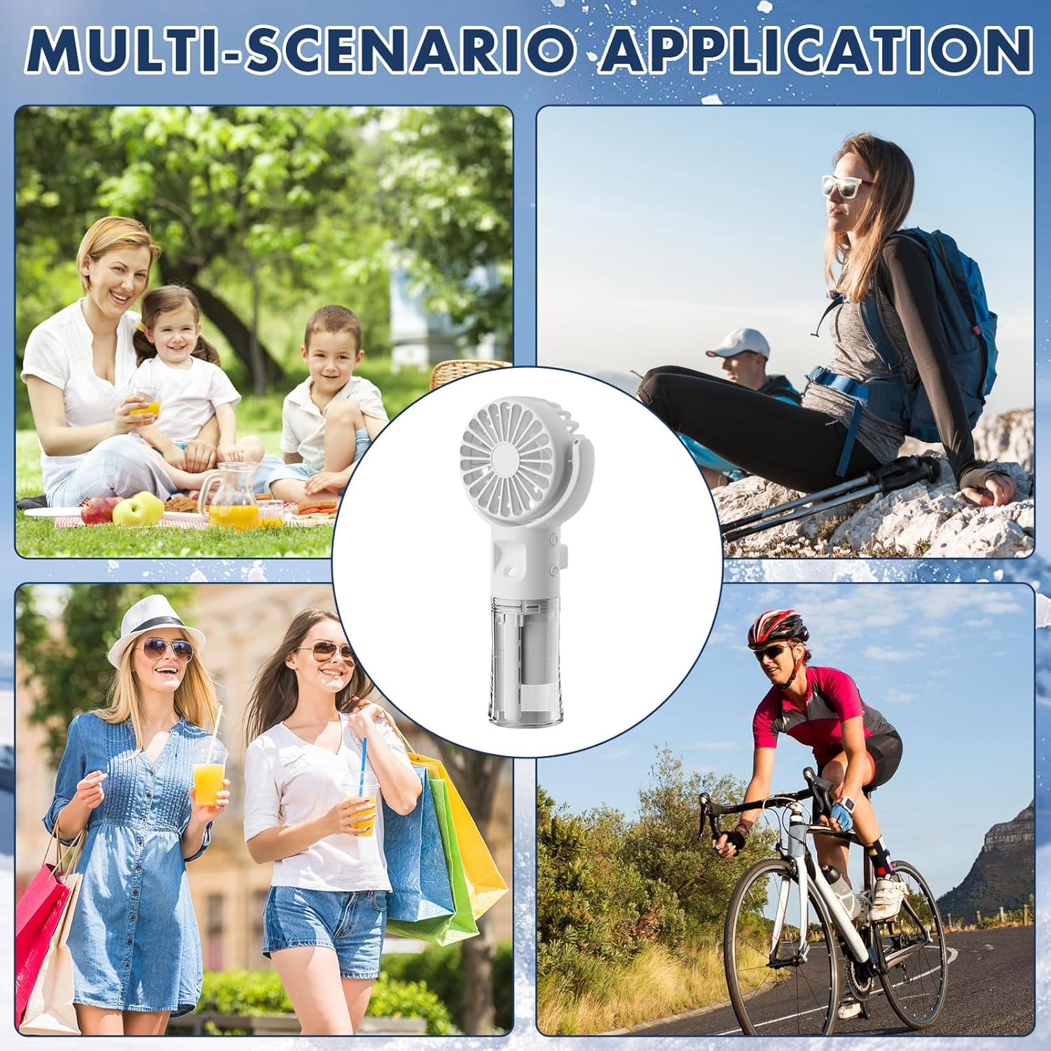 Multiszenario-Anwendung: Picknick, Wandern, Einkaufen, Radfahren mit tragbarem Lüfter.