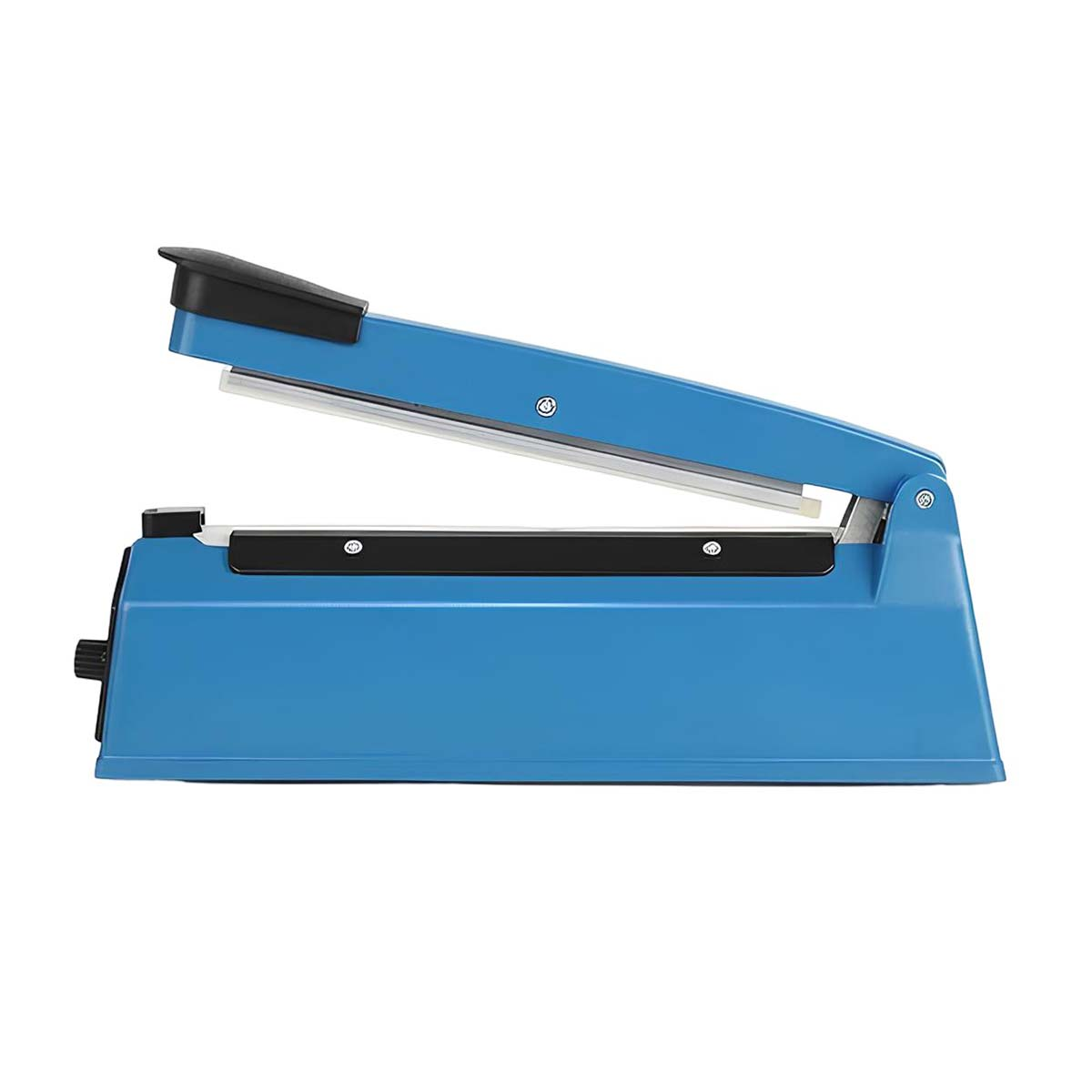 Eine blaue Siegelmaschine mit offenem Oberarm auf weißem Hintergrund.