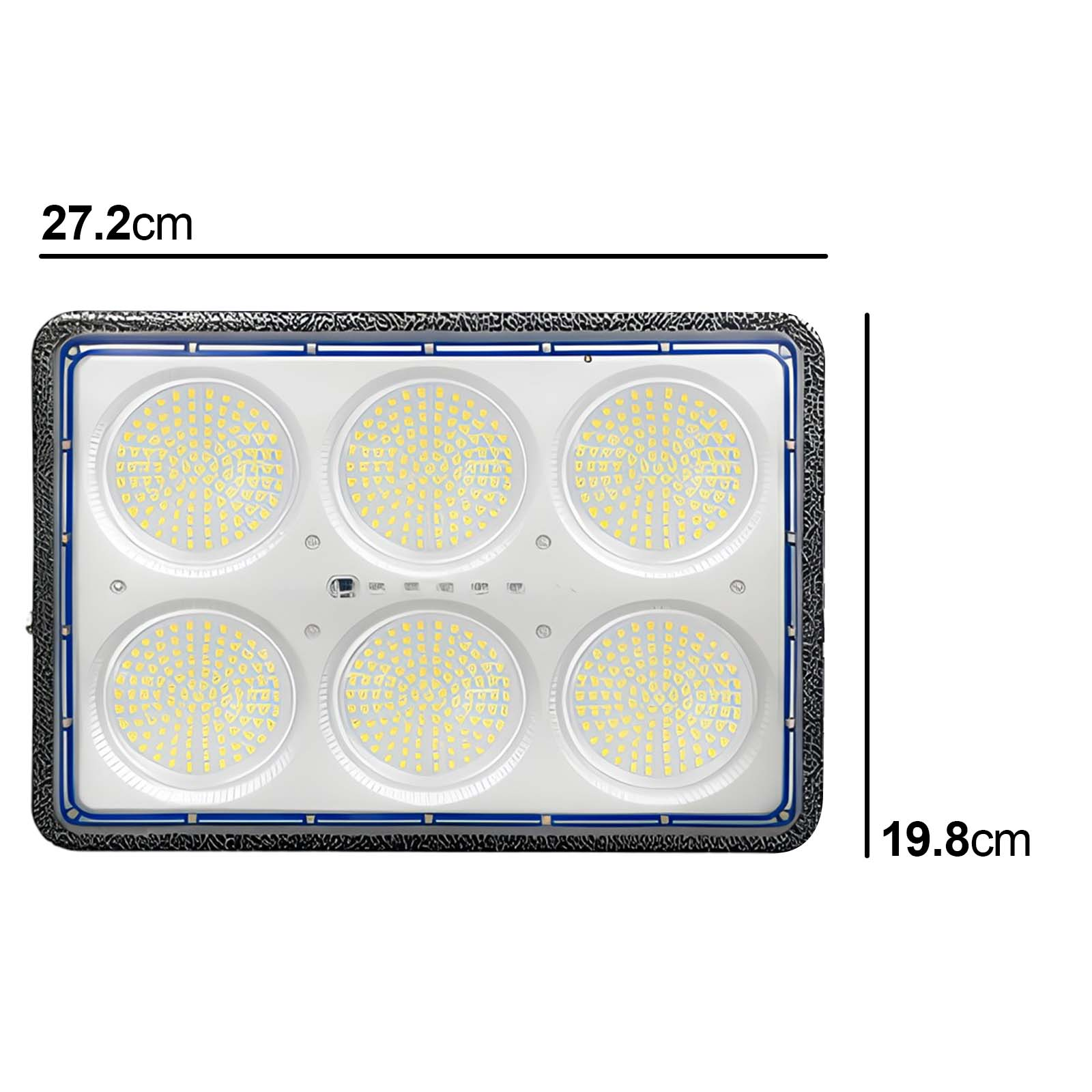 Ein rechteckiger LED-Strahler mit sechs runden Lichtern. Maße: 27,2 cm x 19,8 cm.
