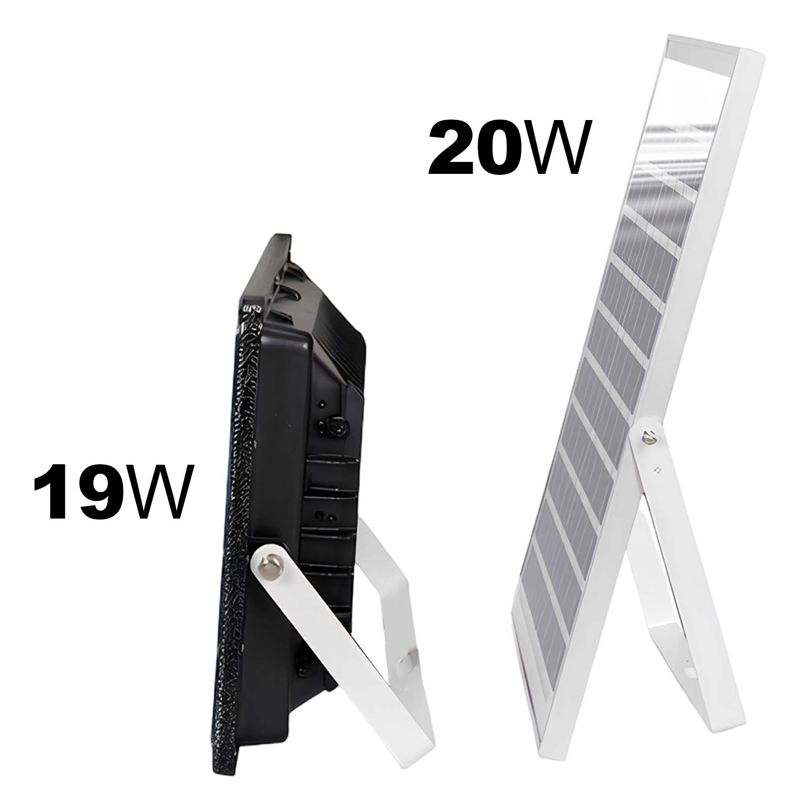 Schwarzer 19W Fluter neben weißem 20W Solarpanel im Regal.