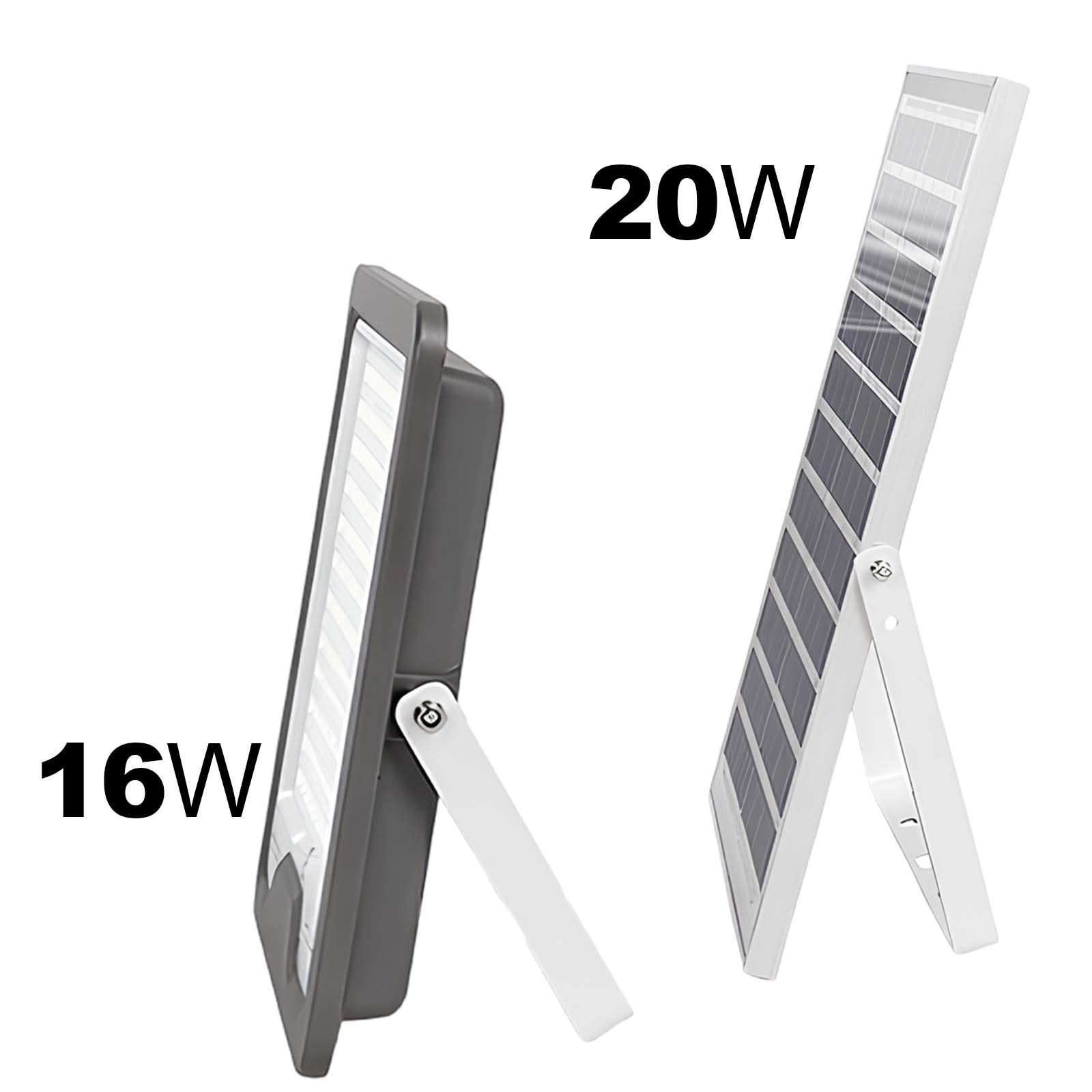 Zwei Solarfluter: ein 16W dunkler und ein 20W weißer.