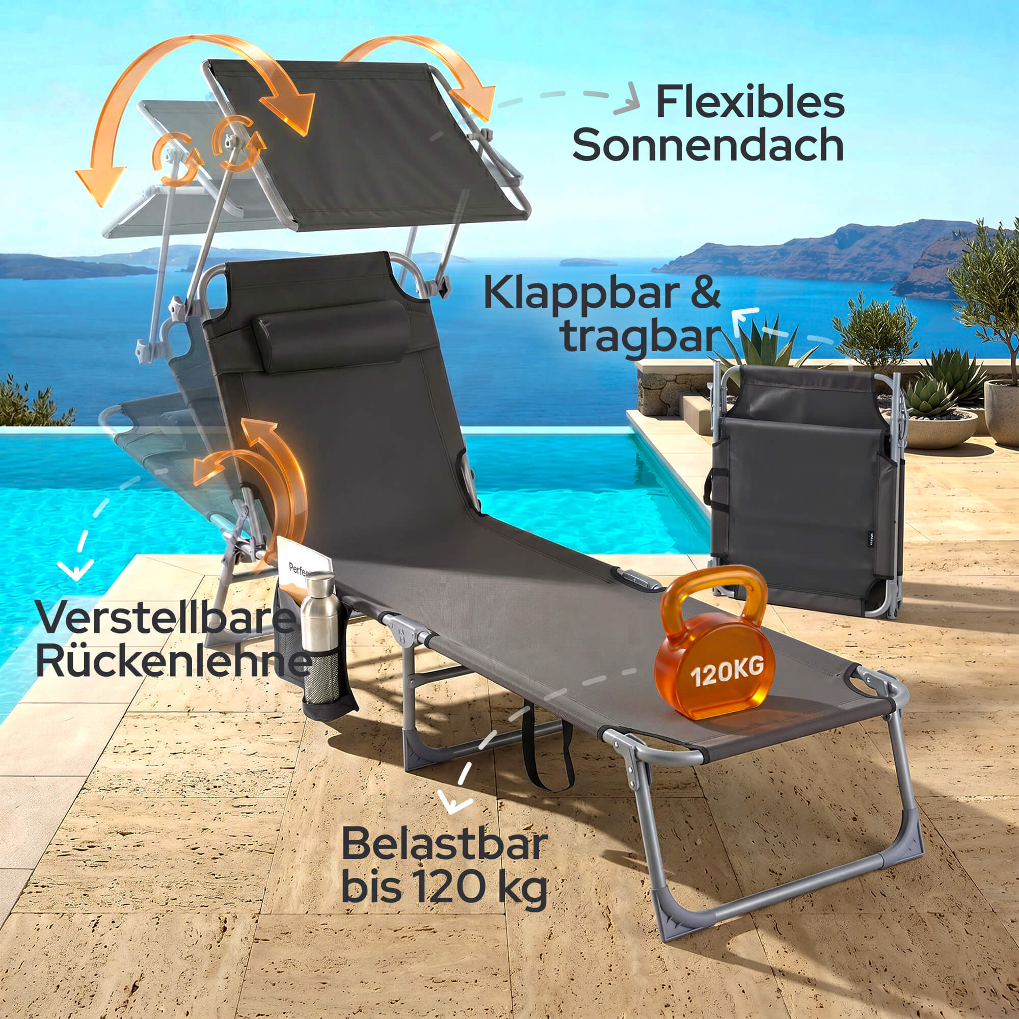 Grauer Liegestuhl mit verstellbarer Rückenlehne und Sonnendach, neben Pool.