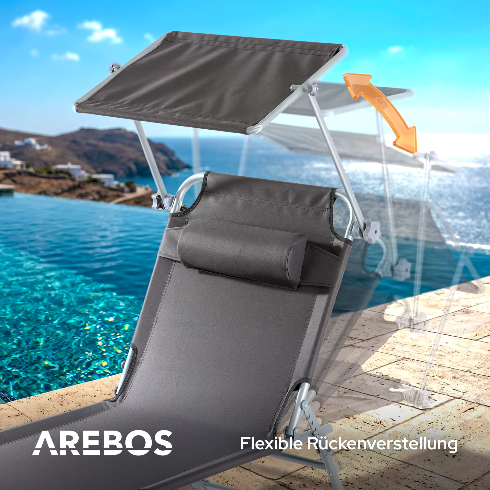 Grauer Liegestuhl mit Sonnendach am Pool. Zeigt flexible Rückenverstellung.