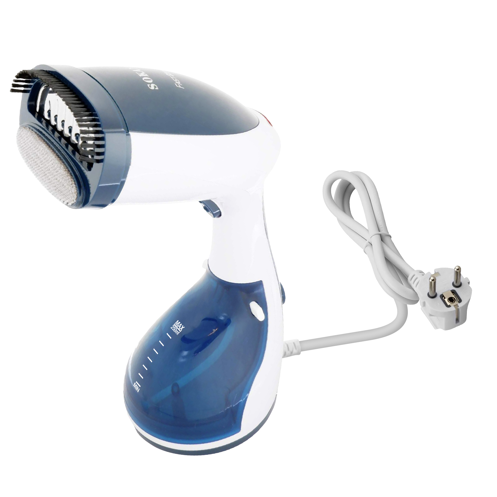 Ein blauer und weißer Handdampfer mit Bürstenaufsatz und Kabel mit Stecker.