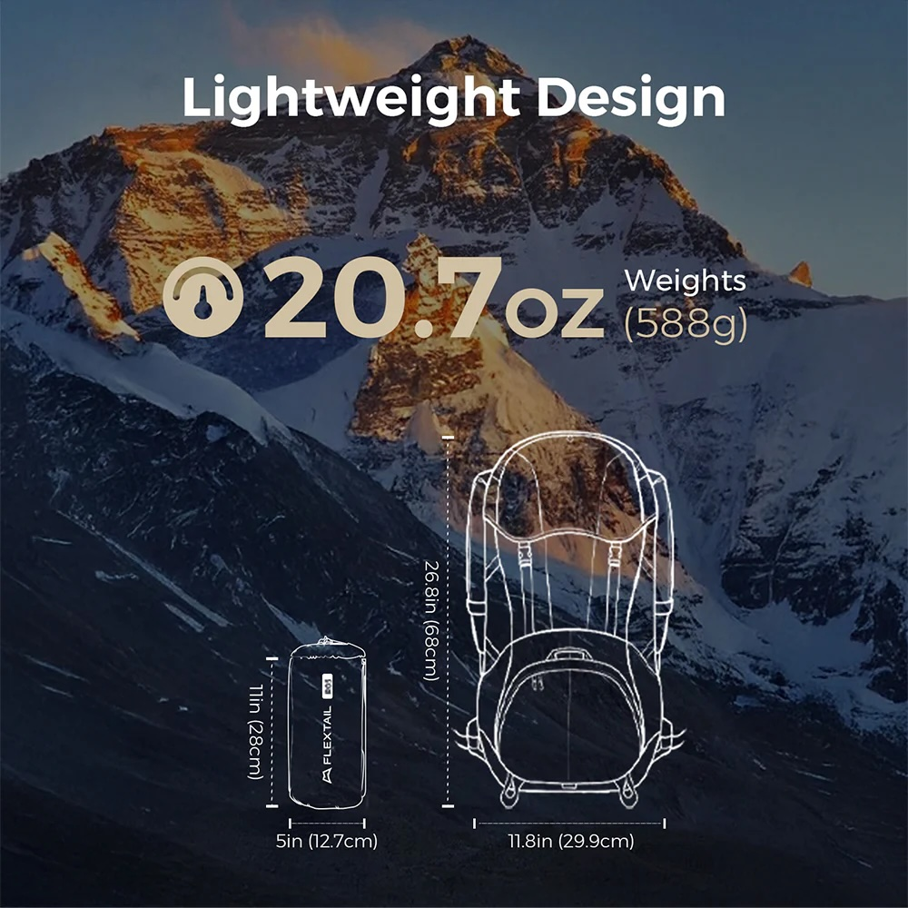 Leichtes Design: Rucksack (26,8 Zoll) und Zelt (11 Zoll) wiegen 20,7 oz.