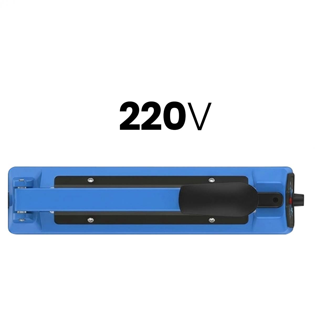 Ein blaues Gerät mit schwarzem Griff und der Aufschrift "220V".