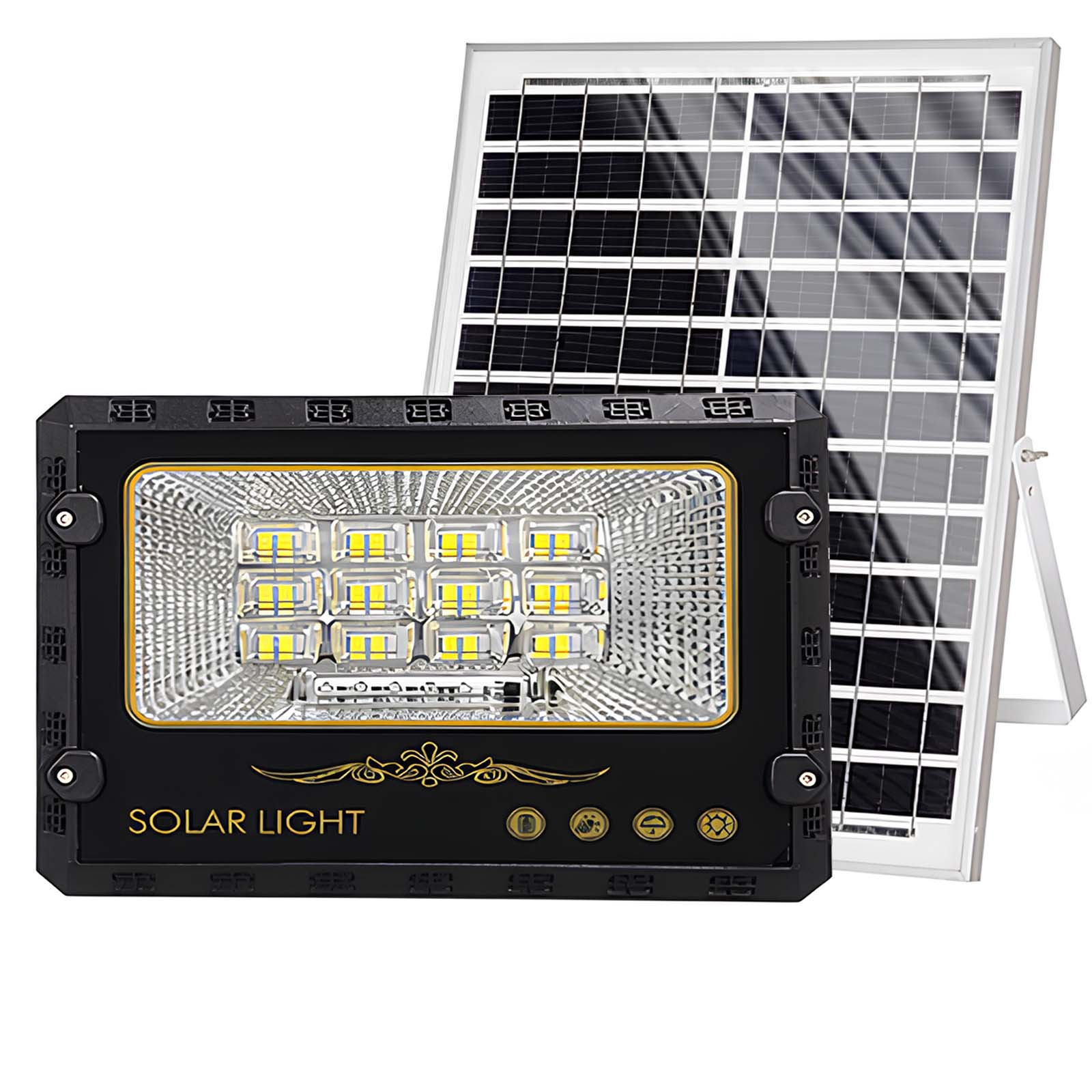 Ein Solarlicht mit gelben LEDs und ein Solarpanel stehen nebeneinander.