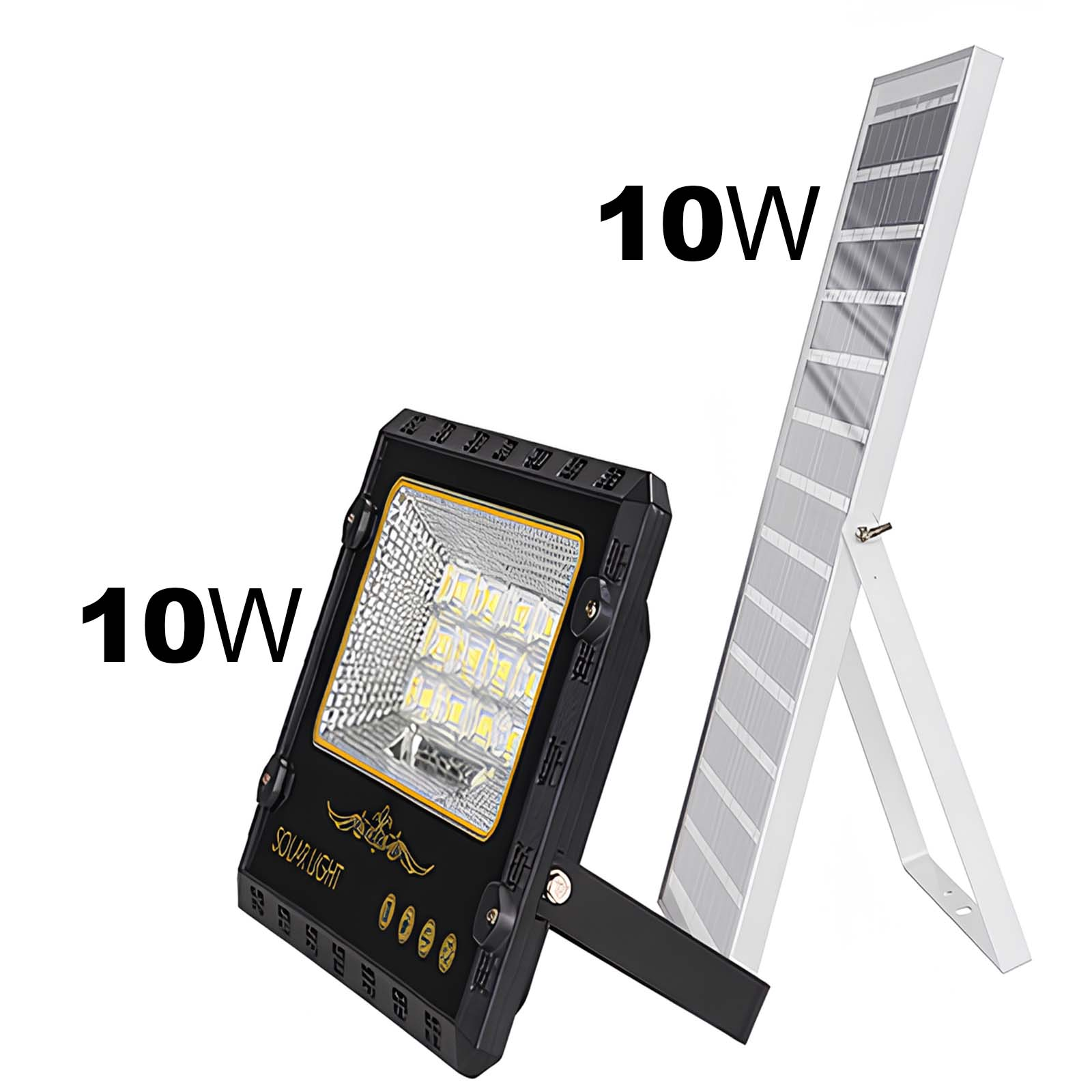 Ein 10W Solarstrahler und ein Solarpanel auf weißem Hintergrund.
