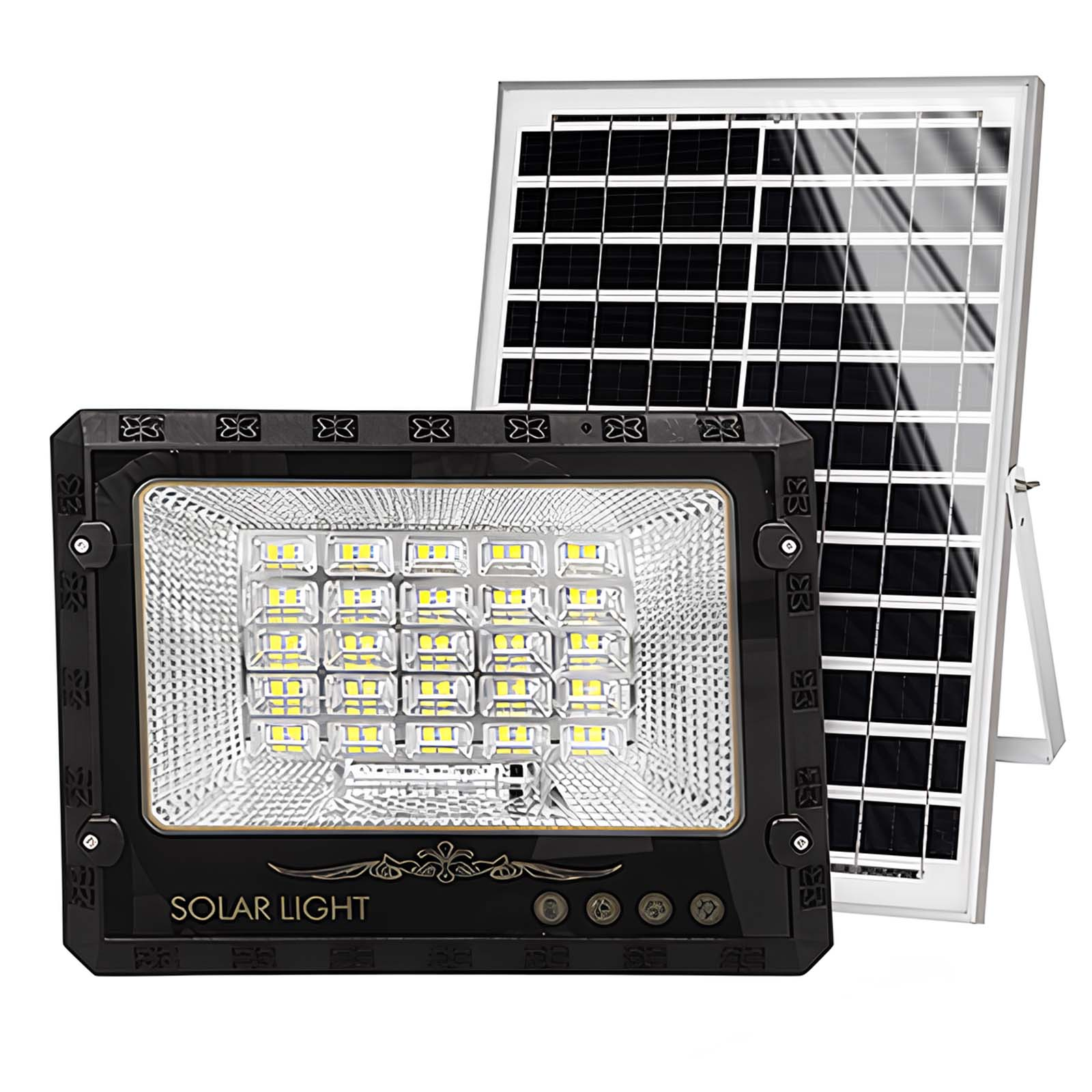 Schwarzer LED-Flutlichtstrahler mit Solarpanel. Beleuchtet.