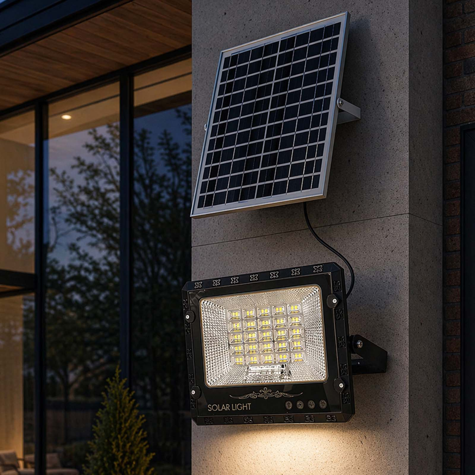 Ein Solarstrahler mit Panel an einer Wand montiert. Draußen bei Nacht.