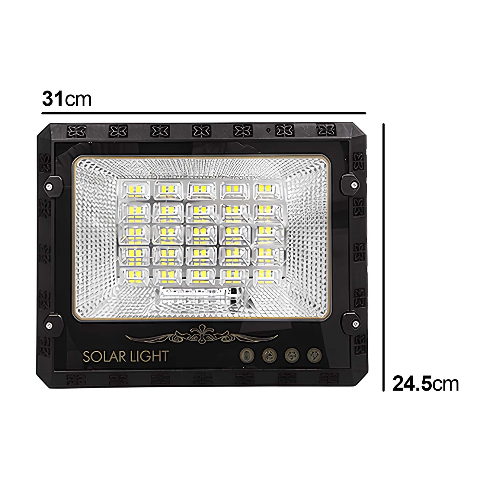 Ein schwarzer Solarlicht-Flutlichtstrahler mit vielen LEDs und Maßen 31x24,5cm.