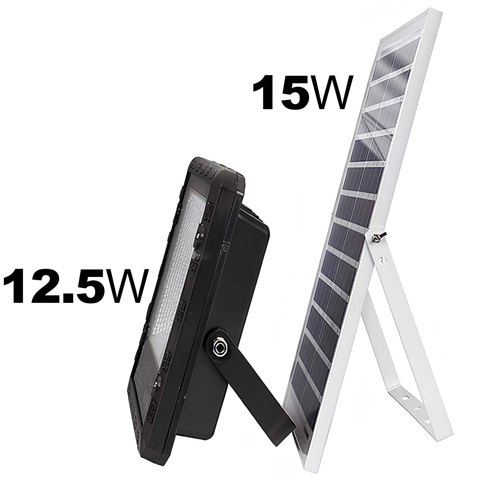Schwarzer 12,5W Flutlichtstrahler neben einem weißen 15W Solarpanel.