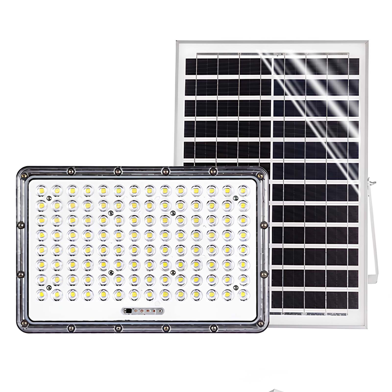 Ein Solarpanel steht hinter einer rechteckigen LED-Flutlicht mit vielen kleinen Lichtern.