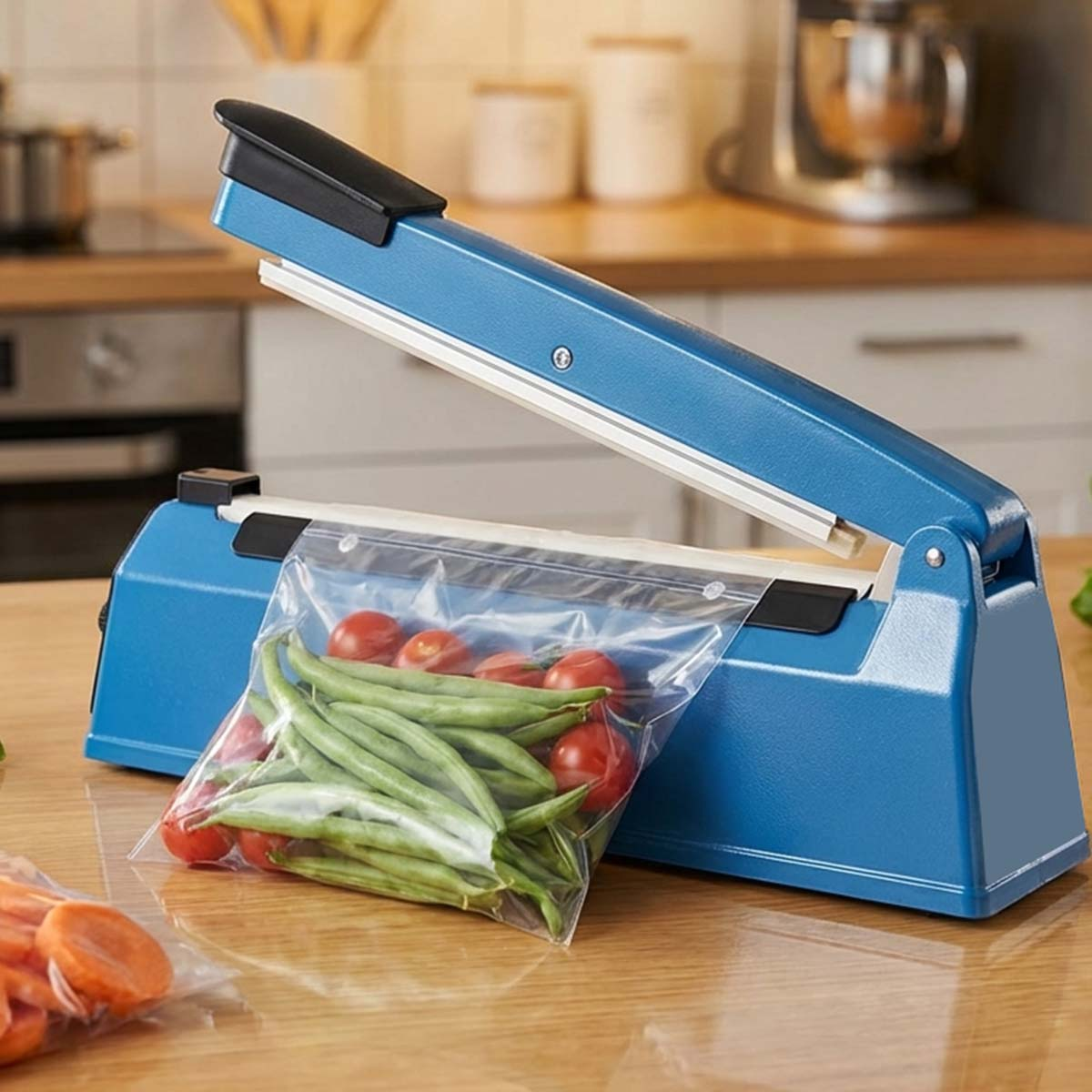 Blaue Siegelmaschine versiegelt eine Plastiktüte mit grünen Bohnen und Kirschtomaten.