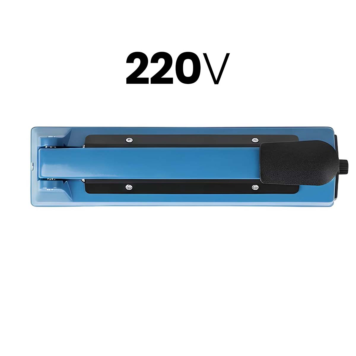 Ein blaues 220V-Gerät mit schwarzem Griff, auf weißem Hintergrund.