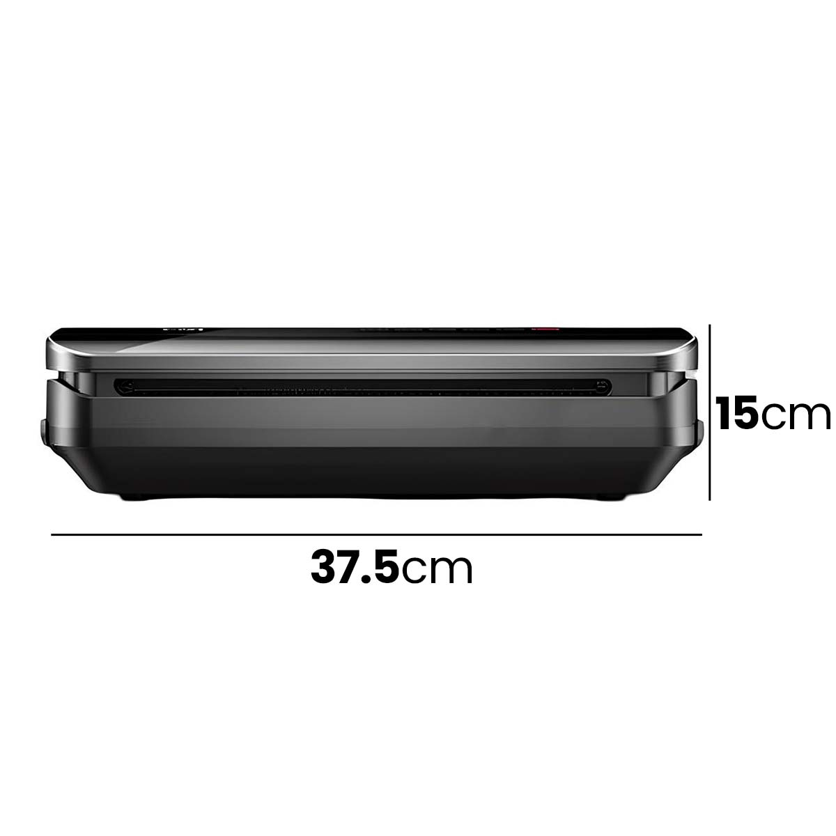 Schwarzer Vakuumierer, 37,5cm breit, 15cm hoch.