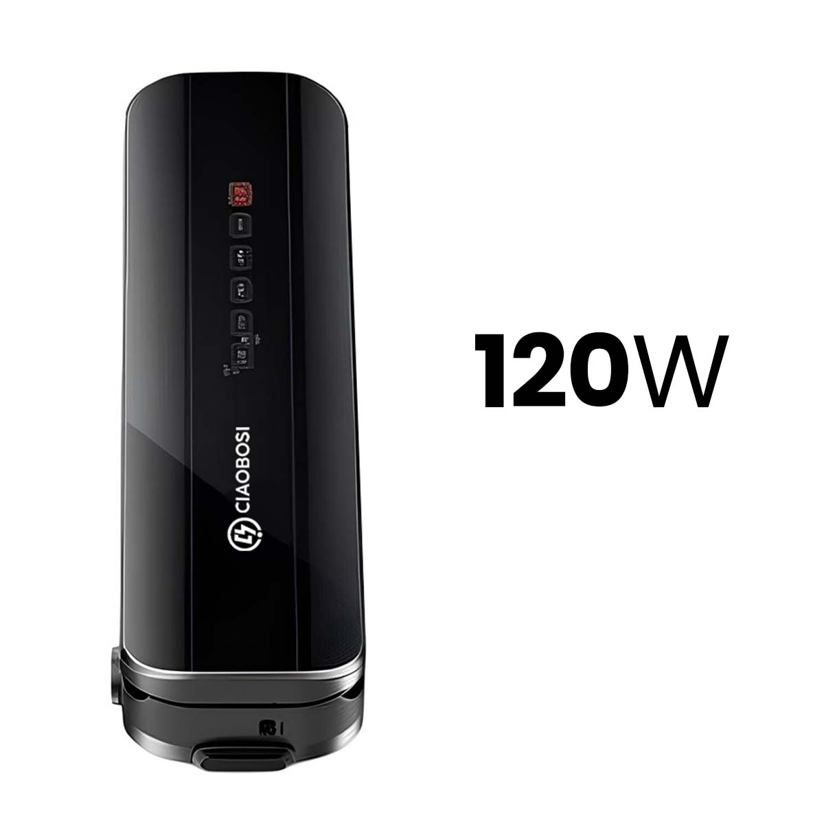 Ein schwarzes, aufrechtes Gerät mit dem Text 120W daneben.