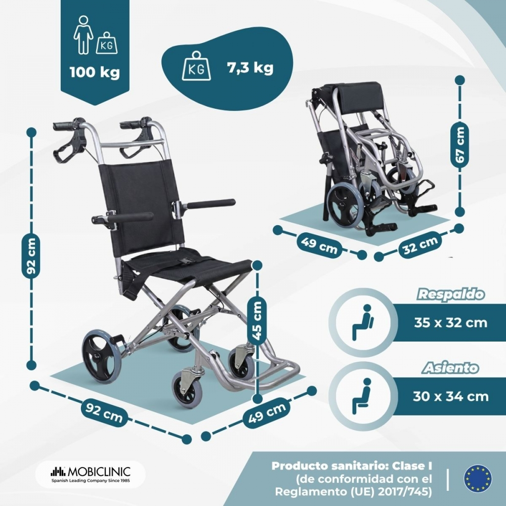 Una silla de ruedas con sus dimensiones y pesos. Una silla desplegada y otra plegada.