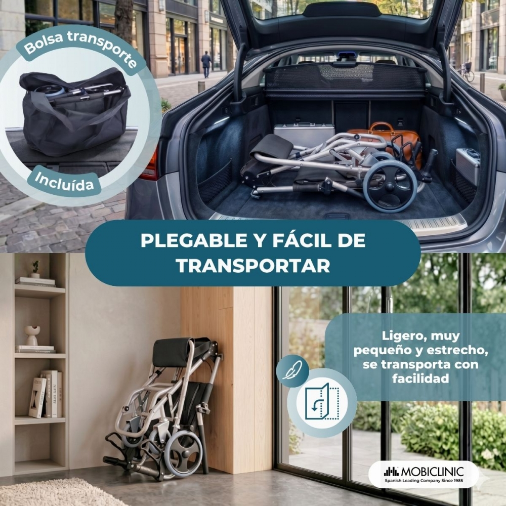 Una silla de ruedas plegable se guarda en un coche. Se incluye bolsa de transporte.