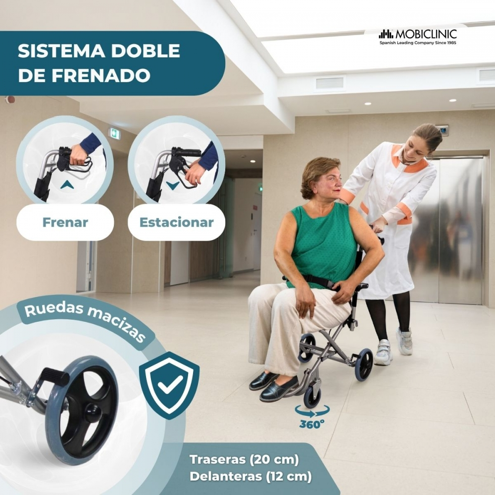 Una mujer en silla de ruedas es empujada por una enfermera. Se muestran instrucciones de freno y estacionamiento.