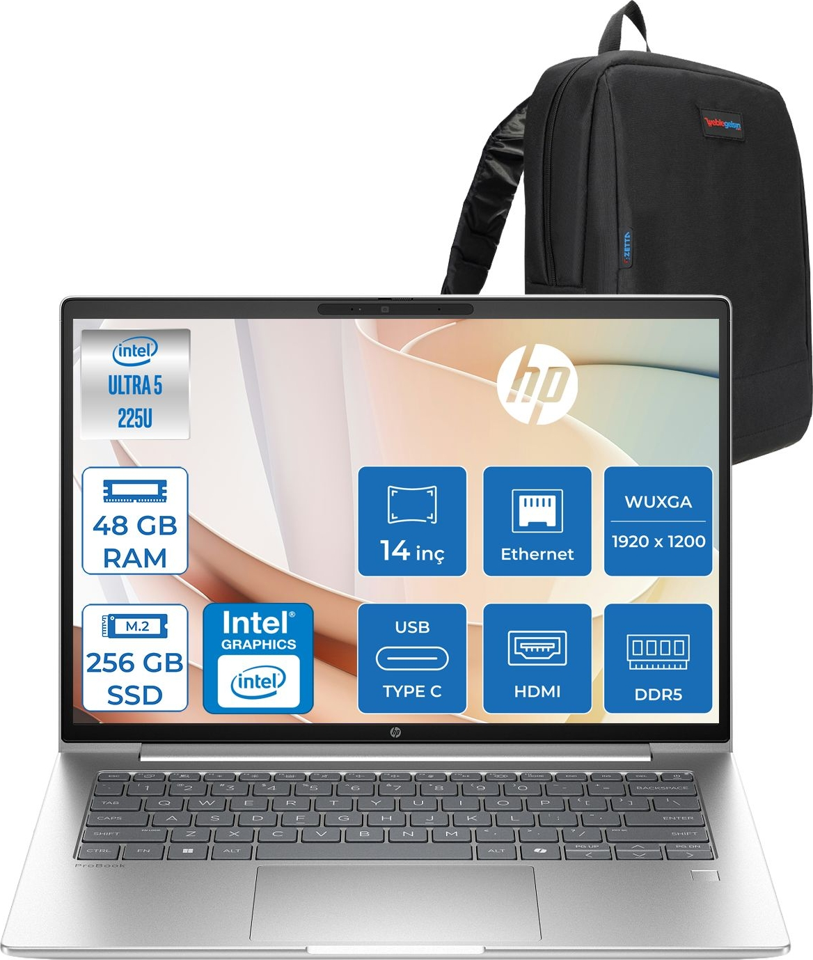 HP ProBook 4 G1I Intel Grafik 1920x1200 D21PFETF16 Intel Core Ultra 5 225U 48 GB RAM 256 GB SSD 14 inç FreeDOS Laptop+Çanta Siyah