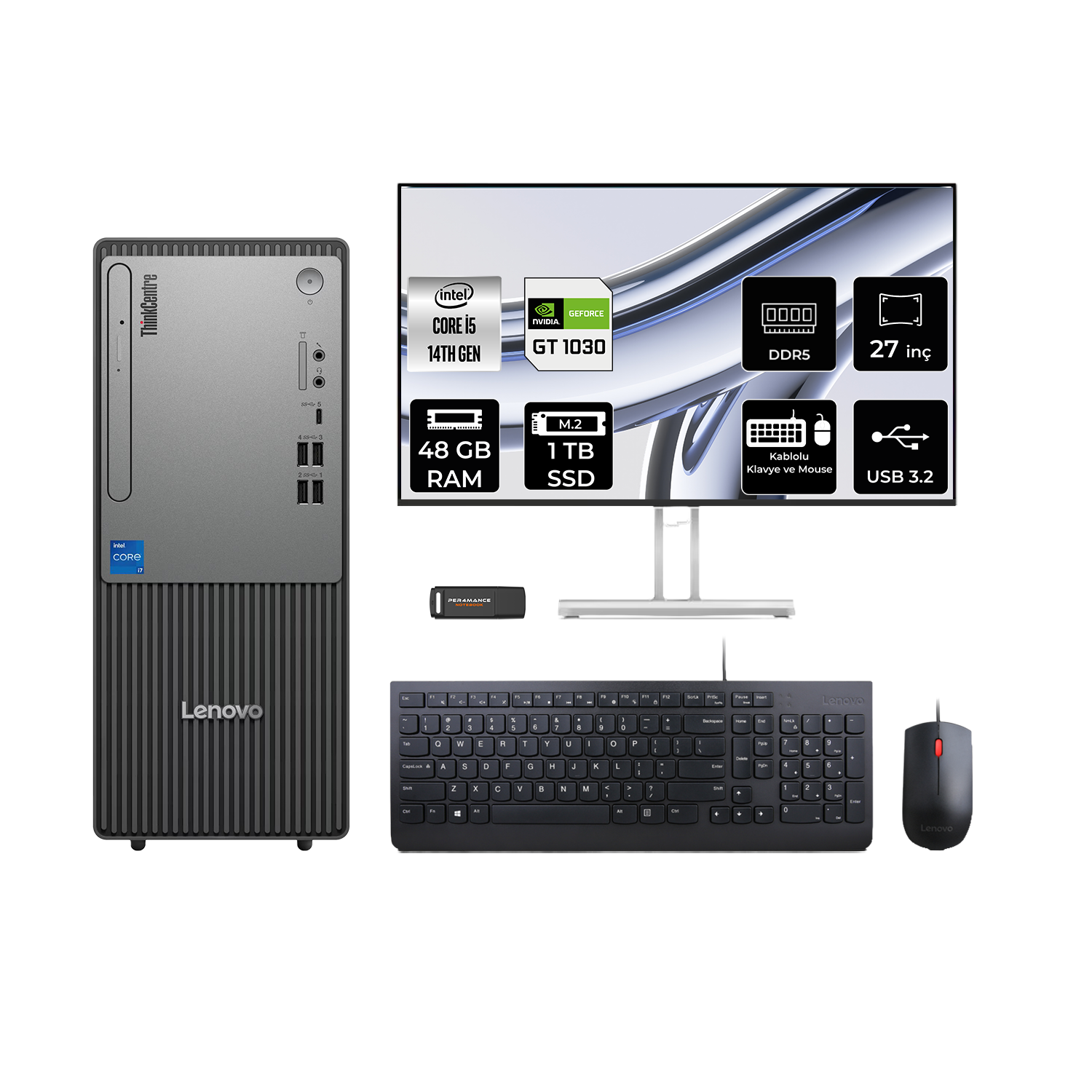 LENOVO ThinkCentre Neo 50T GT1030 4GB 27" 12UAS1CF00P1030 PER4 Bellek Intel Core i5-14400 48 GB RAM 1 TB SSD FreeDOS Masaüstü Bilgisayar