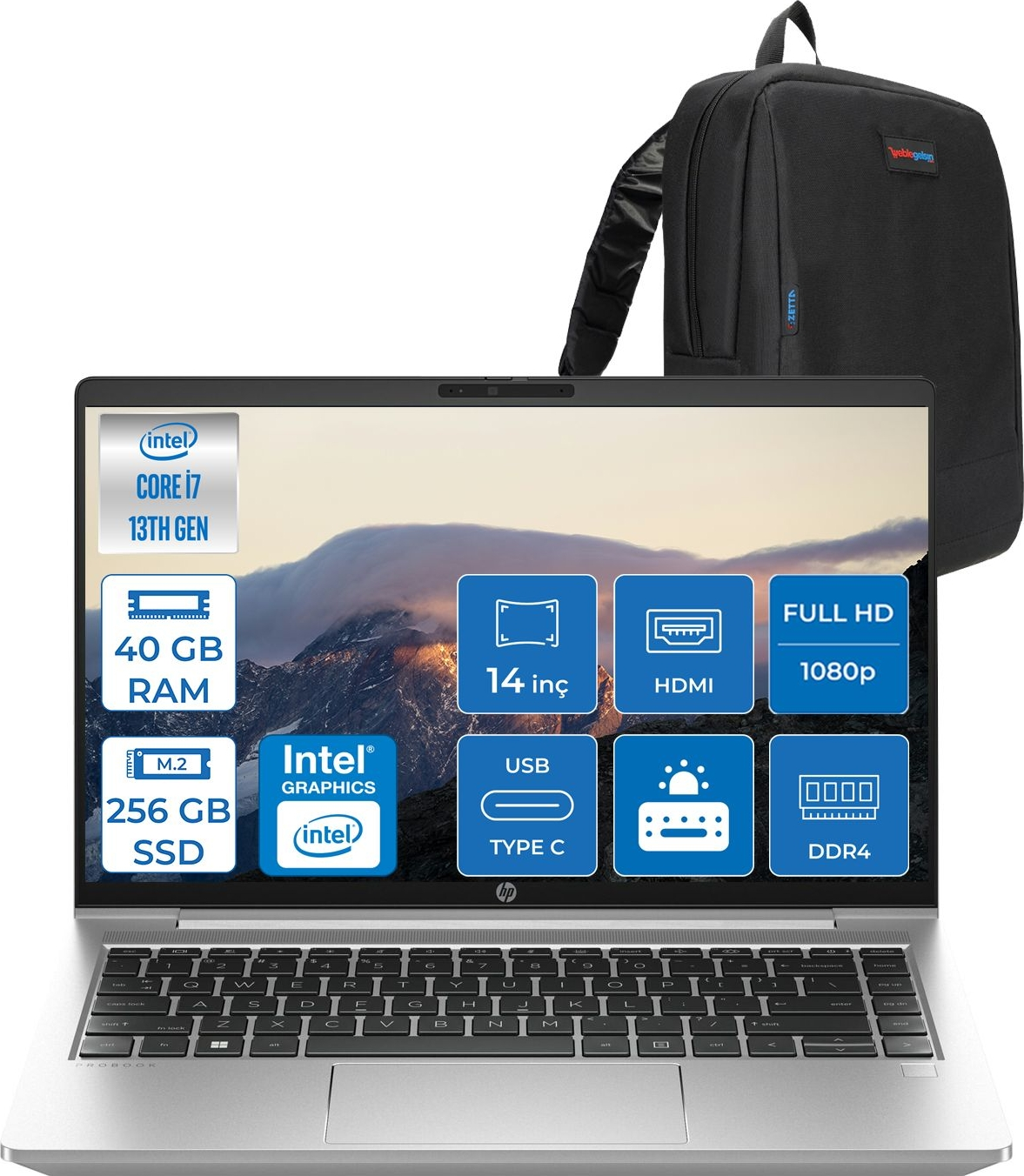 HP ProBook 440 G10 Iris XE IPS 968L9ETF21 Intel Core i7-1355U 40 GB RAM 256 GB SSD 14 inç FreeDOS Laptop+Çanta Gümüş