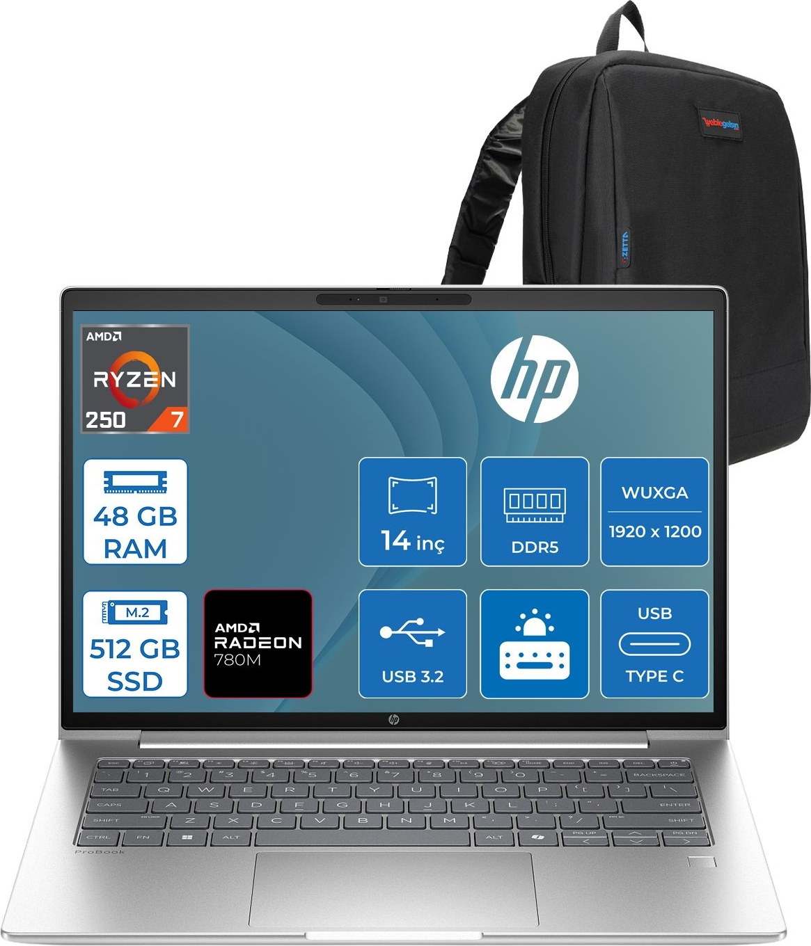 HP ProBook 4 G1A Radeon 780M 1920x1200 D36KHETF17 AMD Ryzen 7 250 48 GB RAM 512 GB SSD 14 inç FreeDOS Laptop+Çanta Siyah