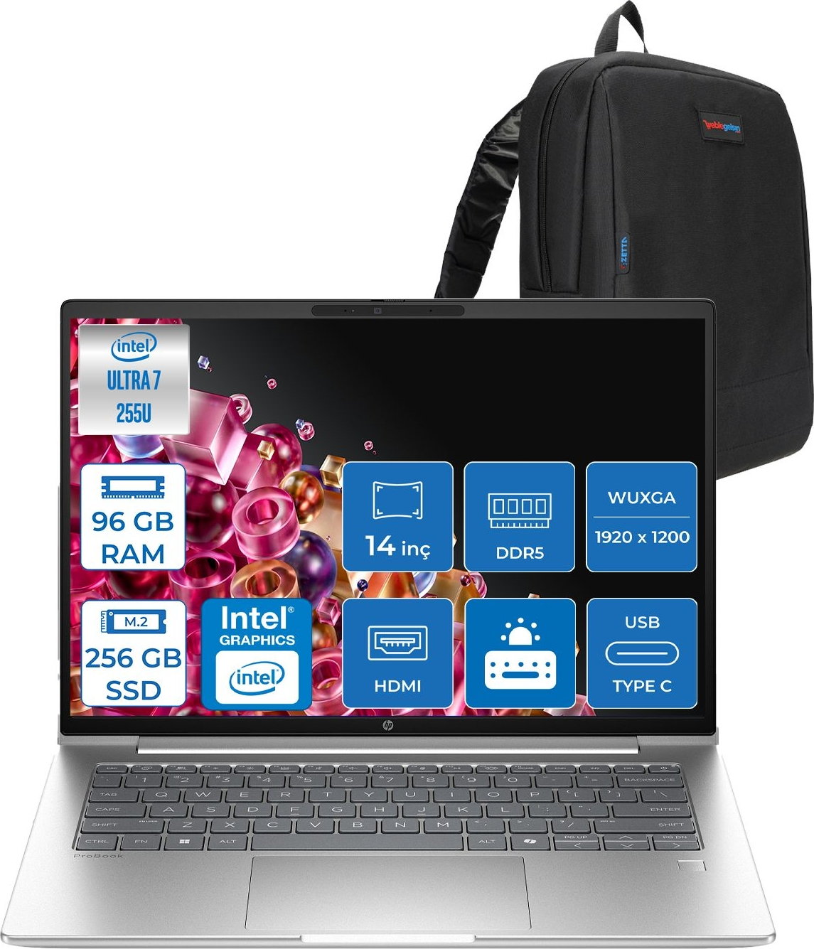 HP ProBook 4 G1I 1920 x 1200 300 Nits C9FH1ETF26 Intel Core Ultra 7 255U 96 GB RAM 256 GB SSD 14 inç FreeDOS Laptop+Çanta Siyah