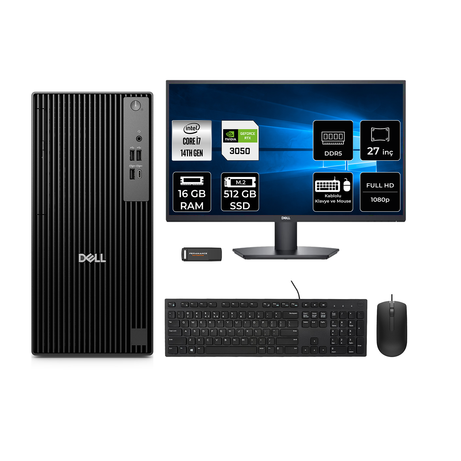 Intel Core i7, 16GB RAM, 512GB SSD, RTX 3050'li Dell PC.