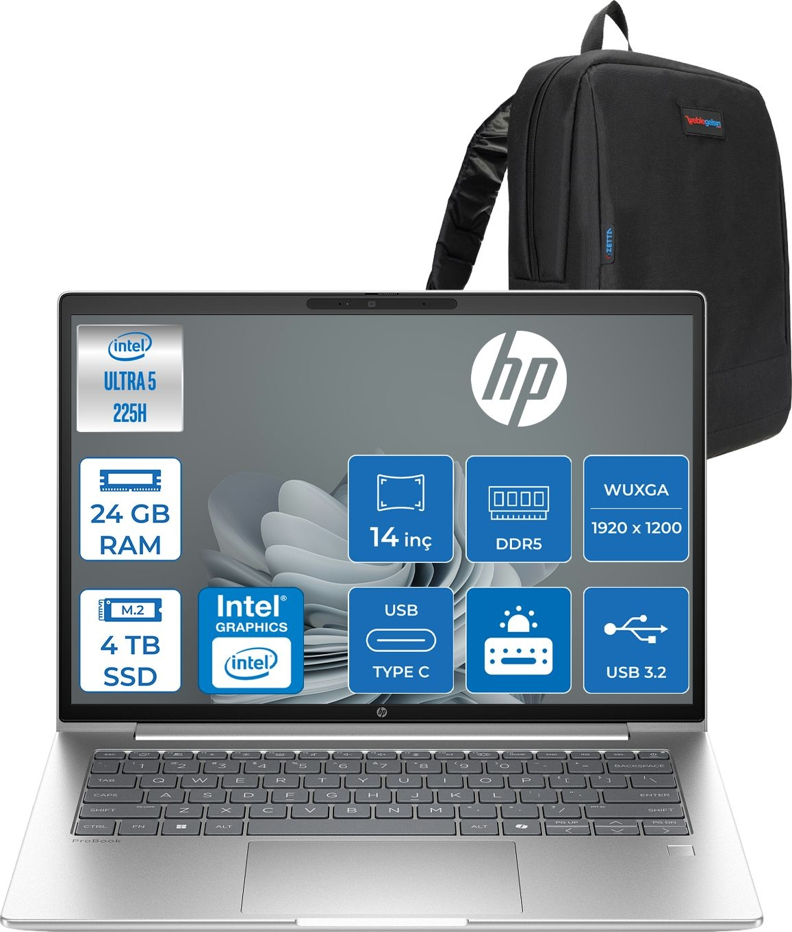 HP ProBook 4 G1I Intel ARC 130T 1920x1200 D29QJETF10 Intel Core Ultra 5 225H 24 GB RAM 4 TB SSD 14 inç FreeDOS Laptop+Çanta Siyah