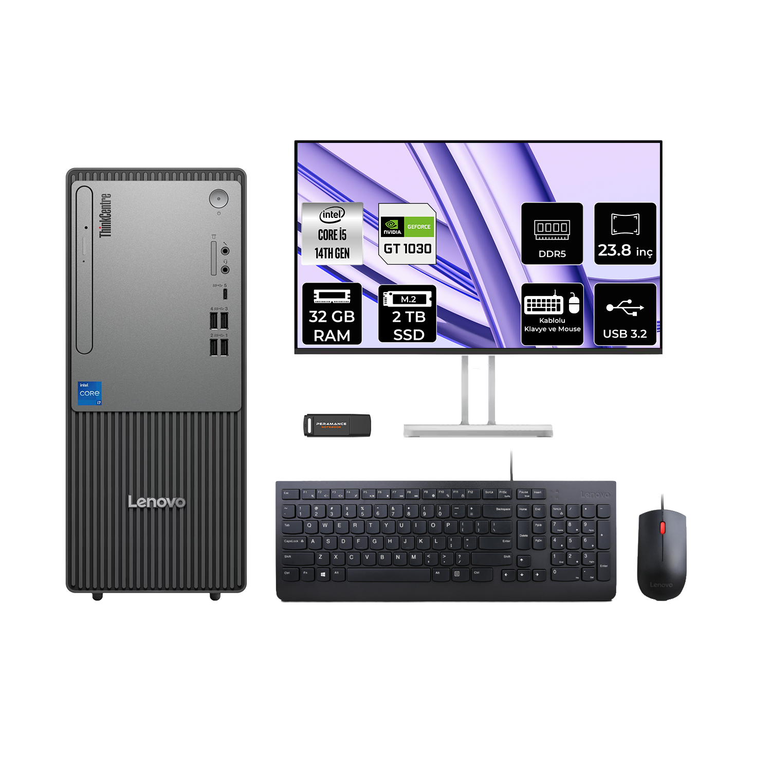 LENOVO ThinkCentre Neo 50T GT1030 4GB 23.8" 12UAS1CF00P727 PER4 Bellek Intel Core i5-14400 32 GB RAM 2 TB SSD FreeDOS Masaüstü Bilgisayar