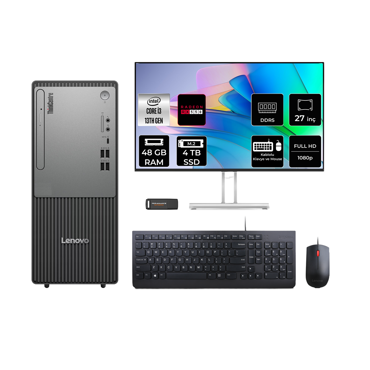 LENOVO ThinkCentre Neo 50T RX550 4GB 27" 12UB0009TRP972 PER4 Bellek Intel Core i3-13100 48 GB RAM 4 TB SSD FreeDOS Masaüstü Bilgisayar