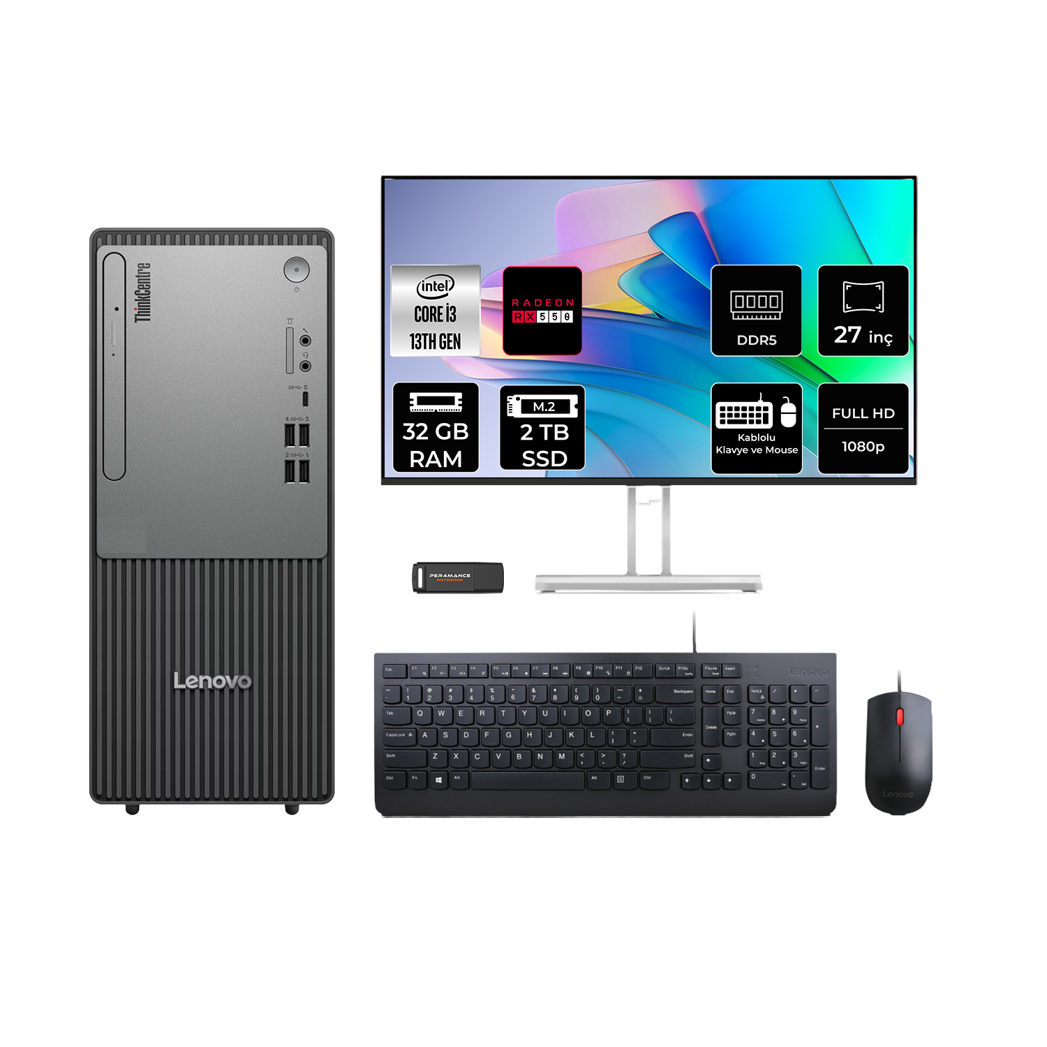 LENOVO ThinkCentre Neo 50T RX550 4GB 27" 12UB0009TRP967 PER4 Bellek Intel Core i3-13100 32 GB RAM 2 TB SSD FreeDOS Masaüstü Bilgisayar