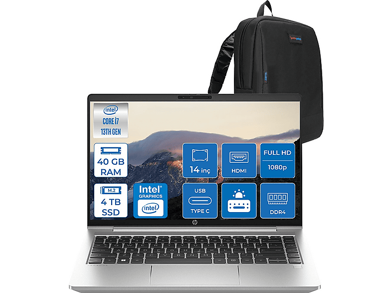 HP ProBook 440 G10 Iris XE IPS 968L9ETF25 Intel Core i7-1355U 40 GB RAM 4 TB SSD 14 inç FreeDOS Laptop+Çanta Gümüş