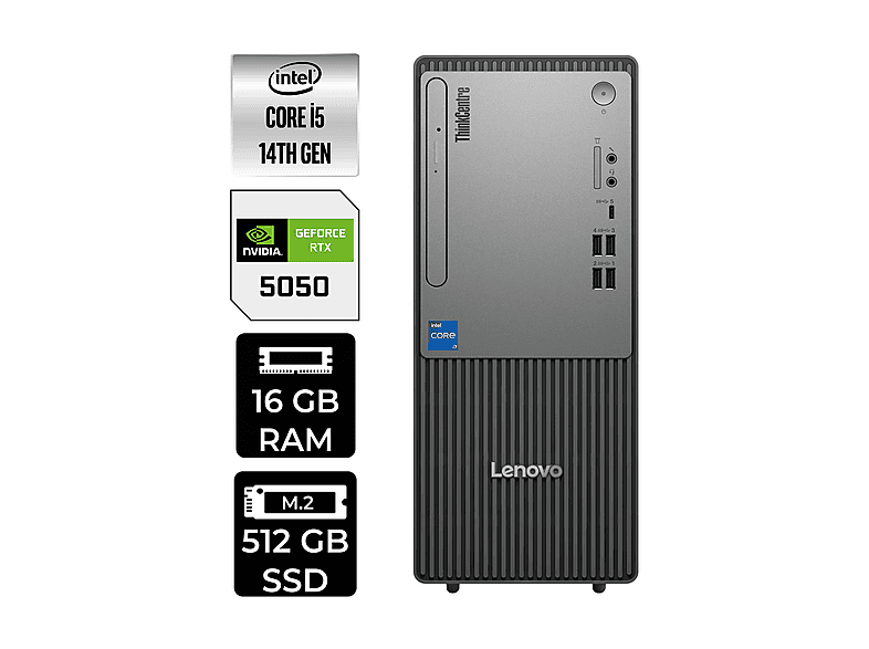 LENOVO ThinkCentre Neo 50T RTX5050 8GB 12UAS1CF00P541 PER4 Bellek Intel Core i5-14400 16 GB RAM 512 GB SSD FreeDOS Masaüstü Bilgisayar