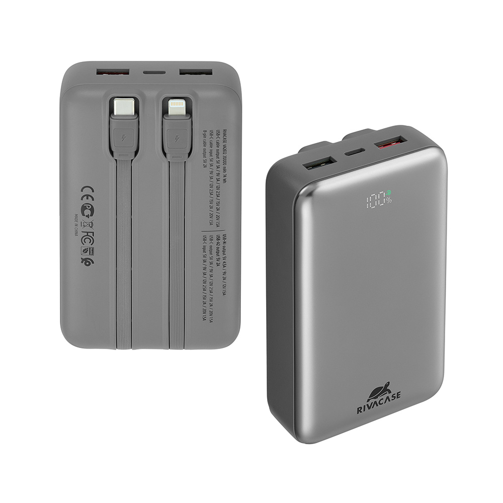 Szary power bank RIVACASE 20000 mAh z dwoma portami USB-A, dwoma USB-C i kablami.